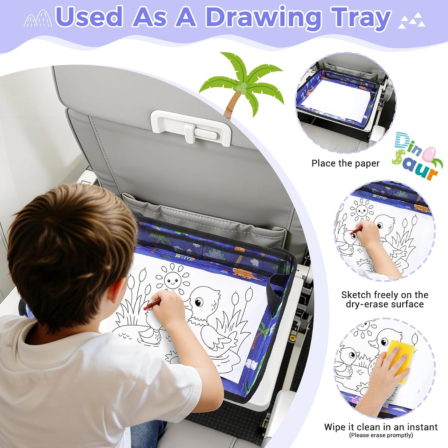 COOLBEBE Airplane Tray Table Cover, Foldable Travel Tray Cover for Toddlers 1-3, Universal Fit for Airplane, Car Seat, High Chair, Machine Washable, Portable, Blue Dinosaur