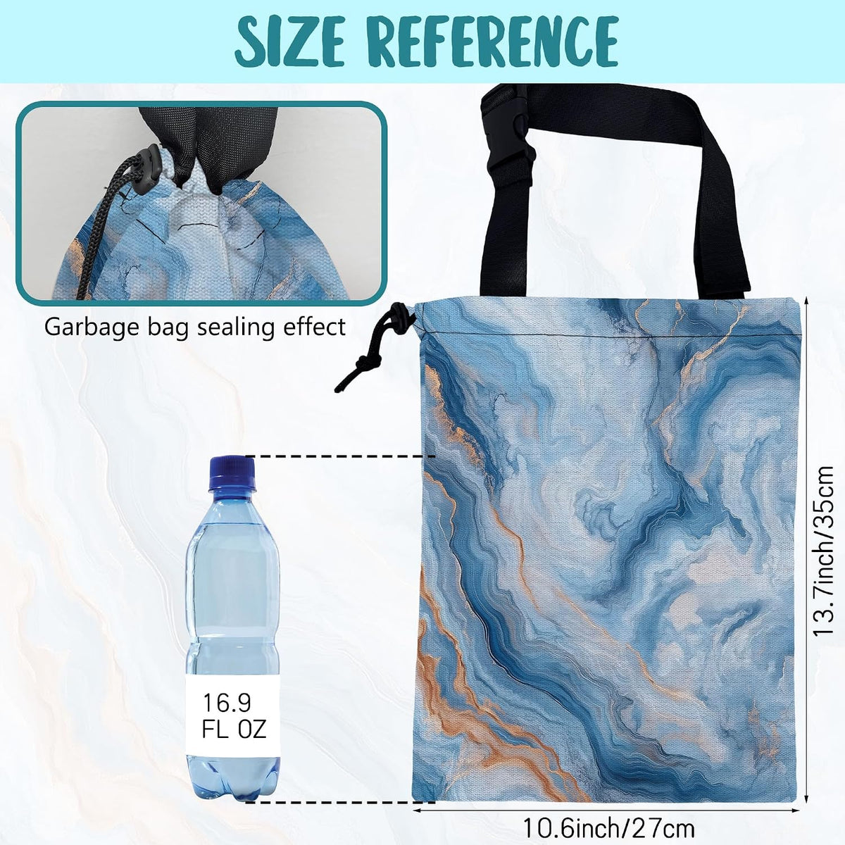Car Garbage Bag Abstract Blue and Gold Marble Drawstring Car Trash Bag Hanging for Back Seat with Adjustable Buckle Canvas Vehicle Trash Can Easy-to-Install