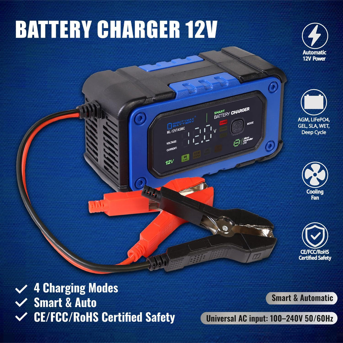 Mighty Max Battery 12V 7A Smart Battery Charger and Maintainer with Repair Mode Compatible with LiFePO4, SLA, Gel, AGM and Wet Cell Batteries