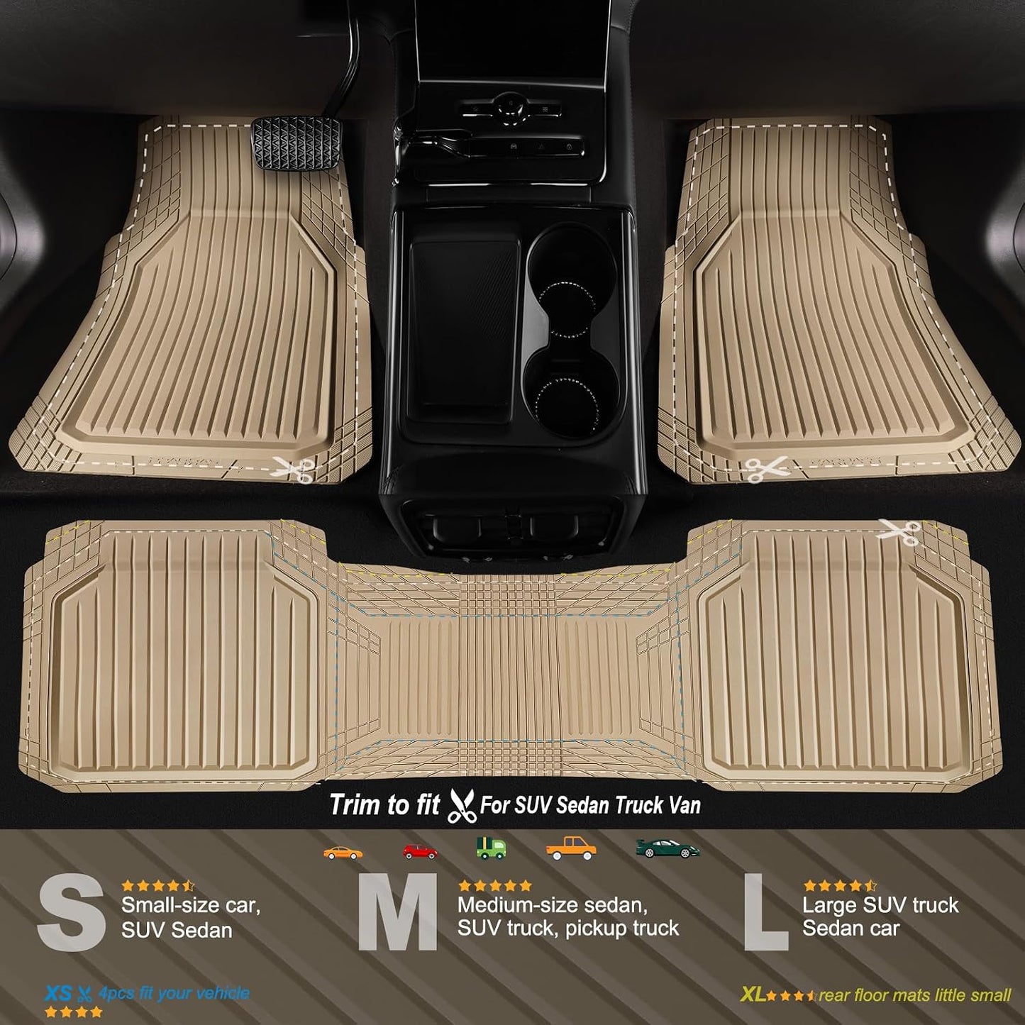 CAR PASS Heavy Duty Rubber Floor Mats for Car, Waterproof Liner Deep Dish Car Mats Full Sets, Universal Trim to Fit for SUV Truck Sedans Vans, All Weather Automotive Floor Mats 3pcs, Solid Beige