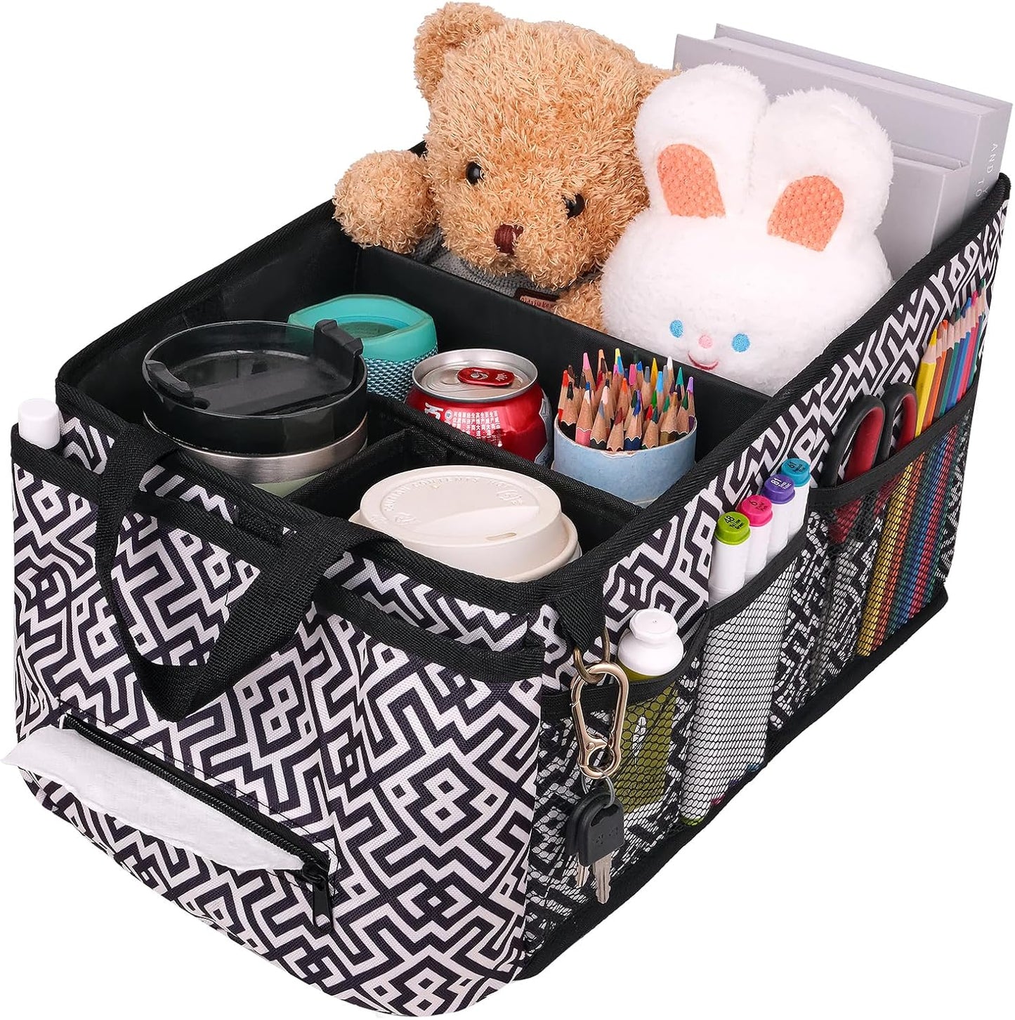 HEYSKAY Car Seat Organizer-Passenger Seat Organizer, Collapsible Small Car Seat Organizer for Console Front/Back, Car Caddy with 4pc Drink Holders Automotive Backseat Organizer for Kids