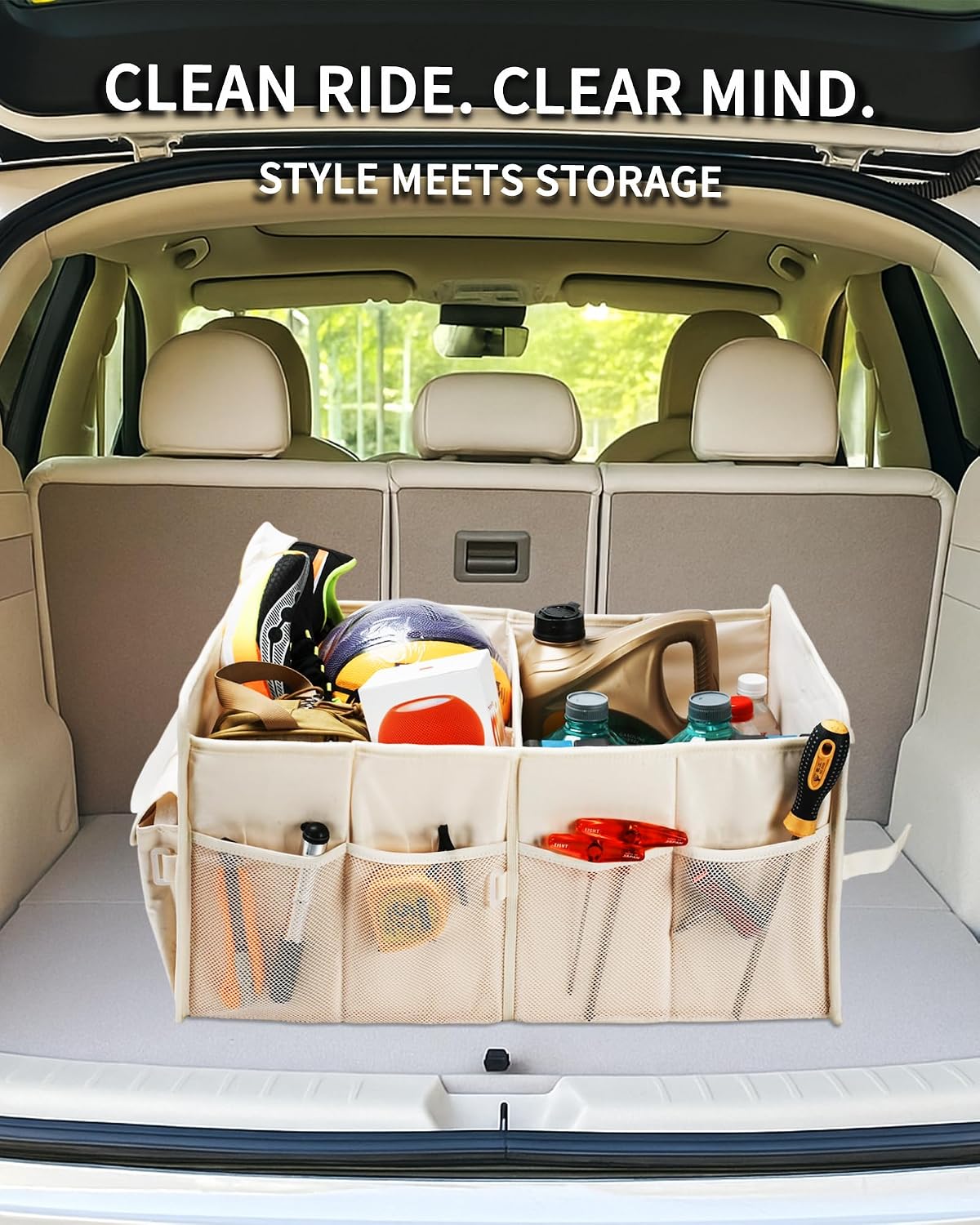 SIBOFUEGO Sturdy Car Trunk Organizer – Large Capacity Trunk Organizer for SUVs & Sedans, Hard-Shell One-Piece Design with Cute Print, Collapsible and Durable Car Organizers （Beige Leopard 70L ）
