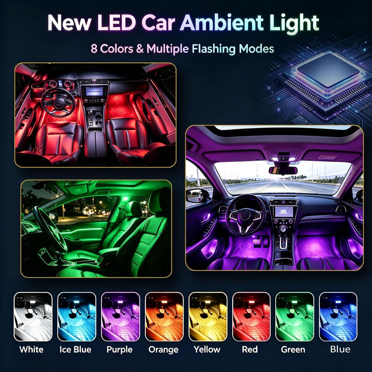 8-Pack Wireless LED Strobe Lights for Car Interior Ambiance with 8 Colors