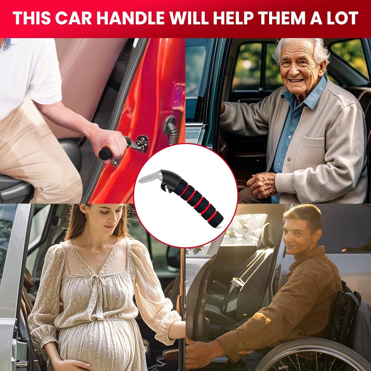 KOUNATSURI Car Handle Assist for Elderly Car Door Handle Multifunction Handle Car Door Latch Handle for Seniors and Handicapped(Red, Handle with Two Straps)