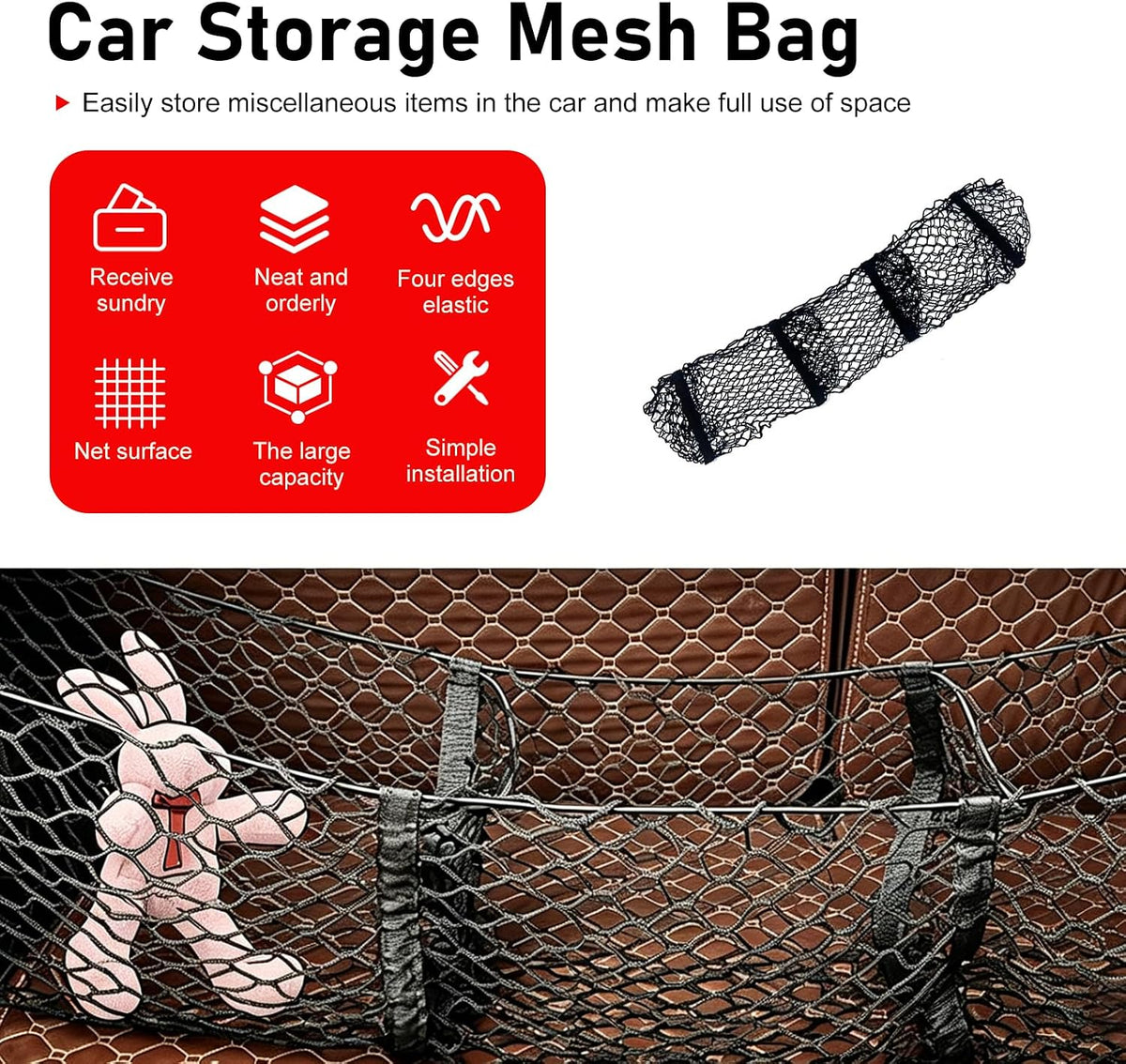 Cargo Net, Stretchable Cargo Net for SUV, Adjustable Elastic Trunk Storage Net with 4 Hook, 3 Pocket Heavy-Duty Mesh Storage Organizer, Universal for Car, SUV, Pickup Truck, Van Trunk