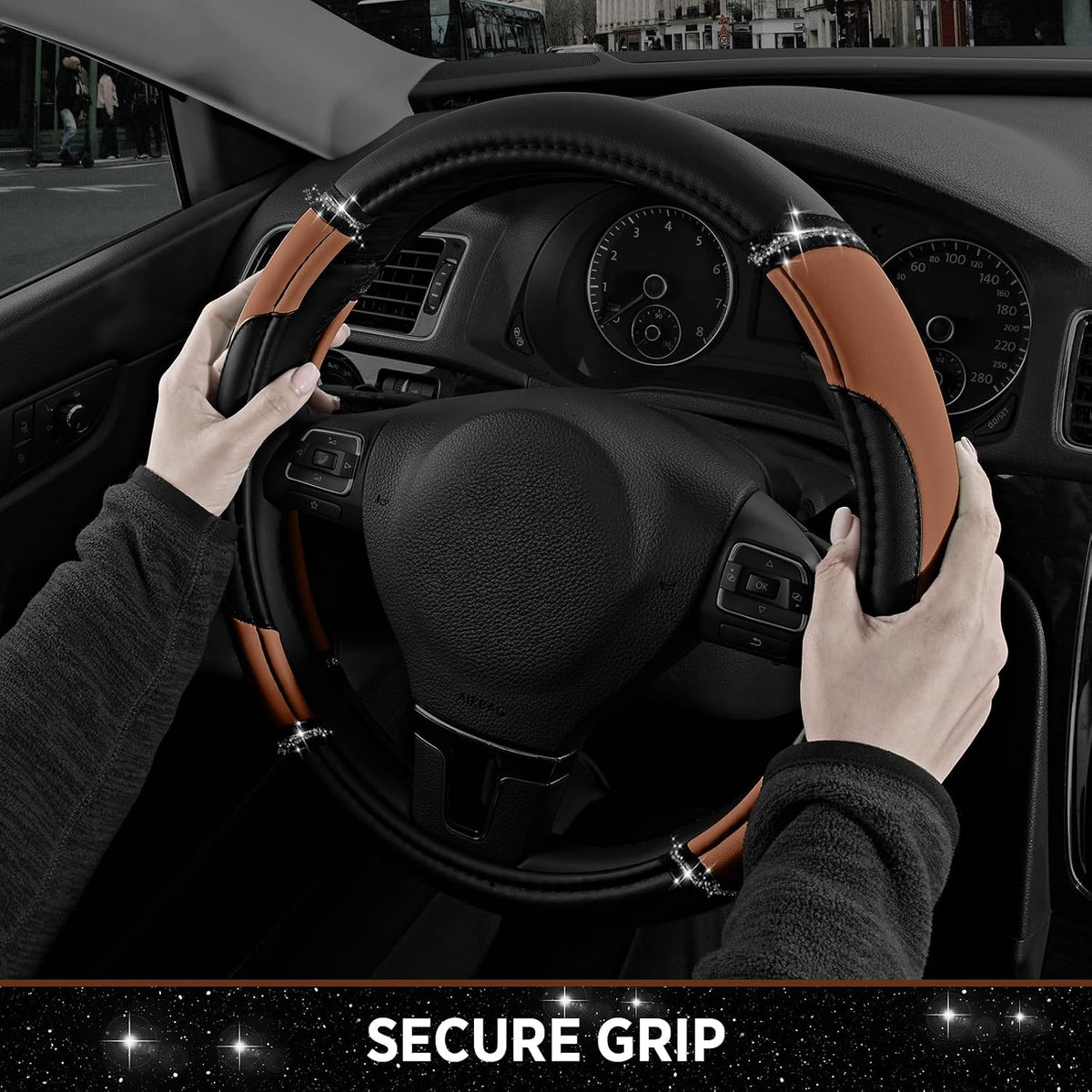 Road Comforts Leather Steering Wheel Cover - Made with PVC Leather Bling Design - Anti-Slip Wheel Cover Universal Fit Most 14 1/2 inches to 15 inches - Brown Color