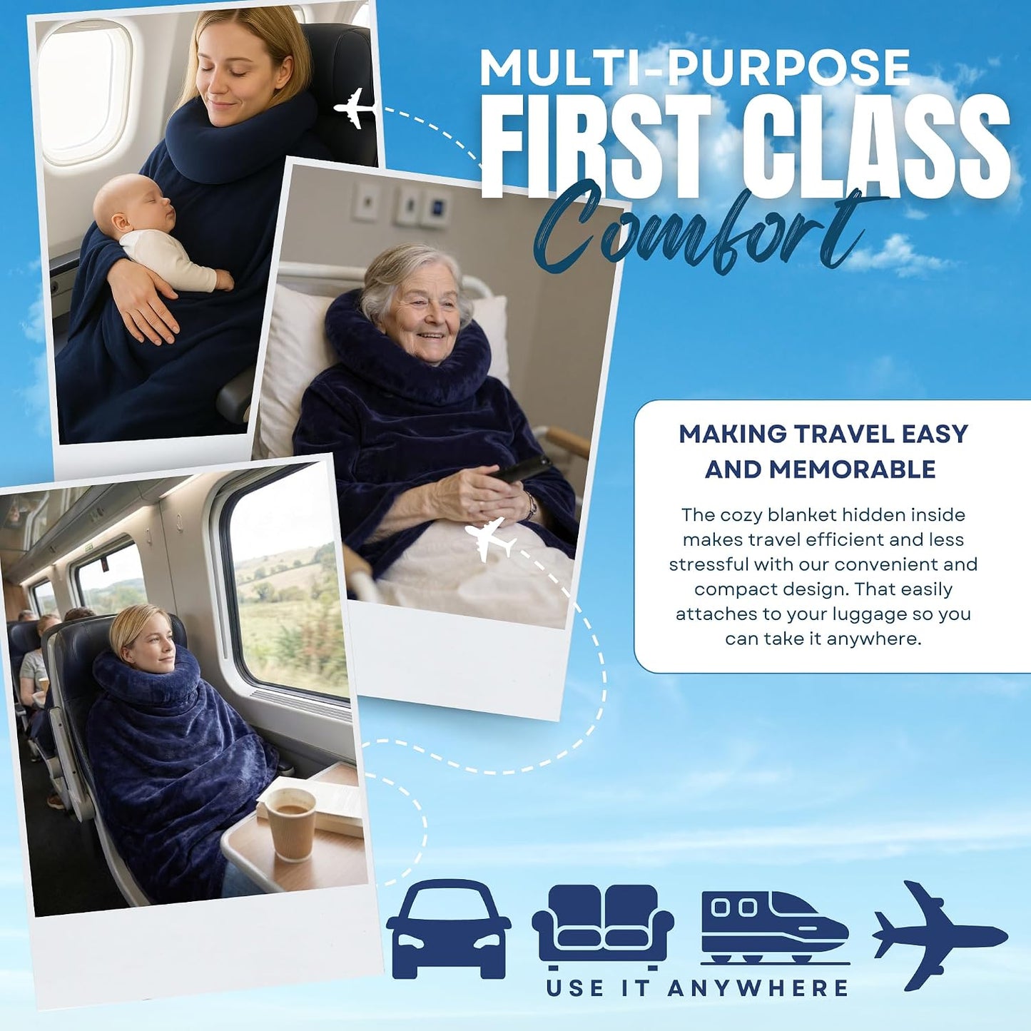 Travel Pillow with Built-In Blanket Memory Foam Neck Pillow for Airplane Travel, Flight Pillow with Blanket Portable Airplane Pillow for Adults Compact Travel Neck-Pillow for Plane, Car & Long Flights
