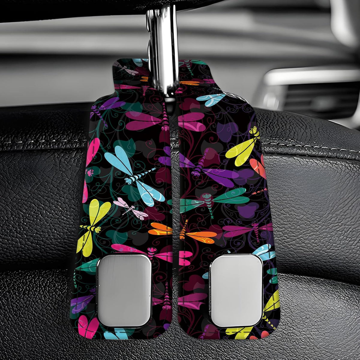 Car Seat Back Storage Headrest Hook, Premium Leather Double Metal Hook, Hanger Storage Organizer for Purse Cloth Bag, Car Interior Accessories Boho Cute Dragonfly