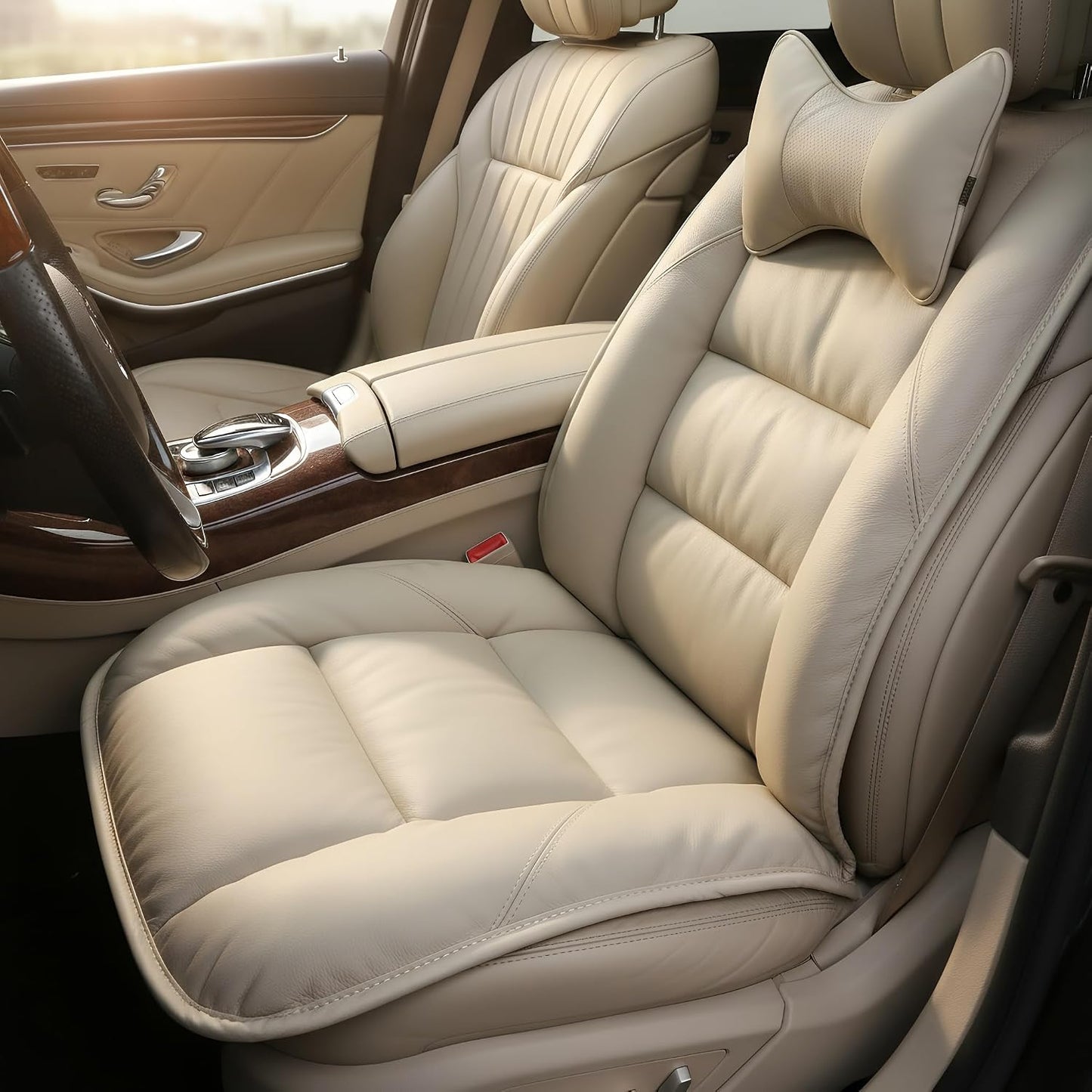 CORRIDOR Genuine Leather Seat Cushion for Car - Handmade - Relieve Hip, Pressure and Sciatica Pain - Ideal for Lower Back Pain - for Office Chair and Car Seat (Off White, Seat + Backrest)