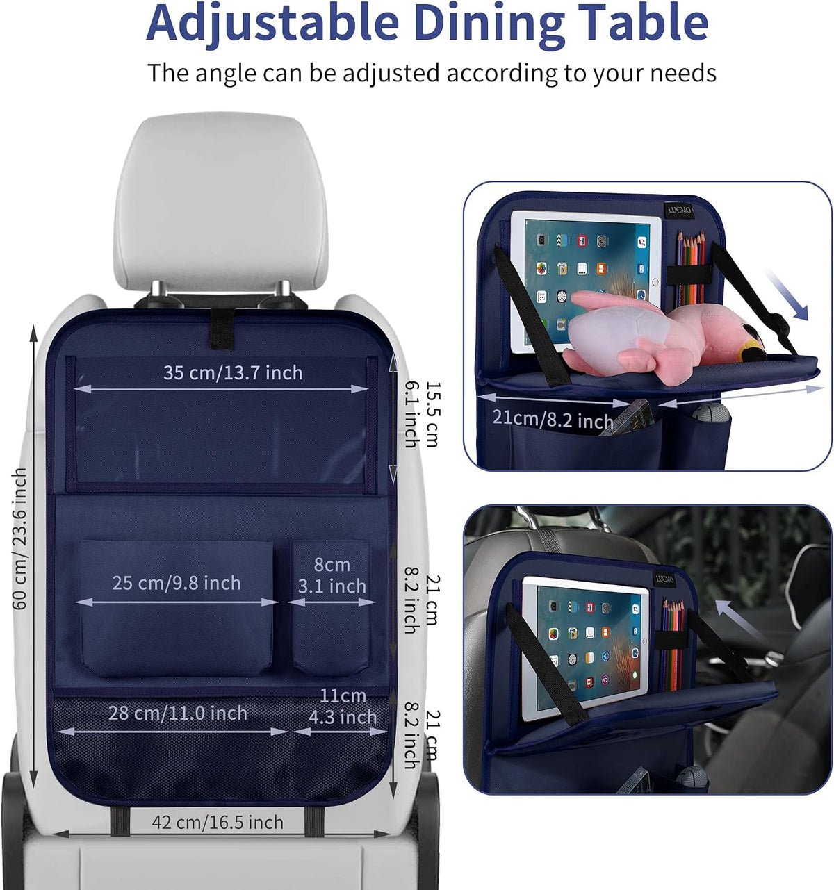 LUCMO Car Backseat Organizer with Foldable Tablet Holder, Dark Blue