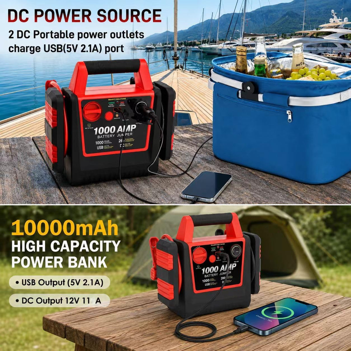 4 in 1 Battery Booster Jump Starter with Air Compressor Portable 260PSI Tire Inflator,1000 Amp Jumper starter power pack Jump Box,12V Power Station with USB Port and DC Outlet