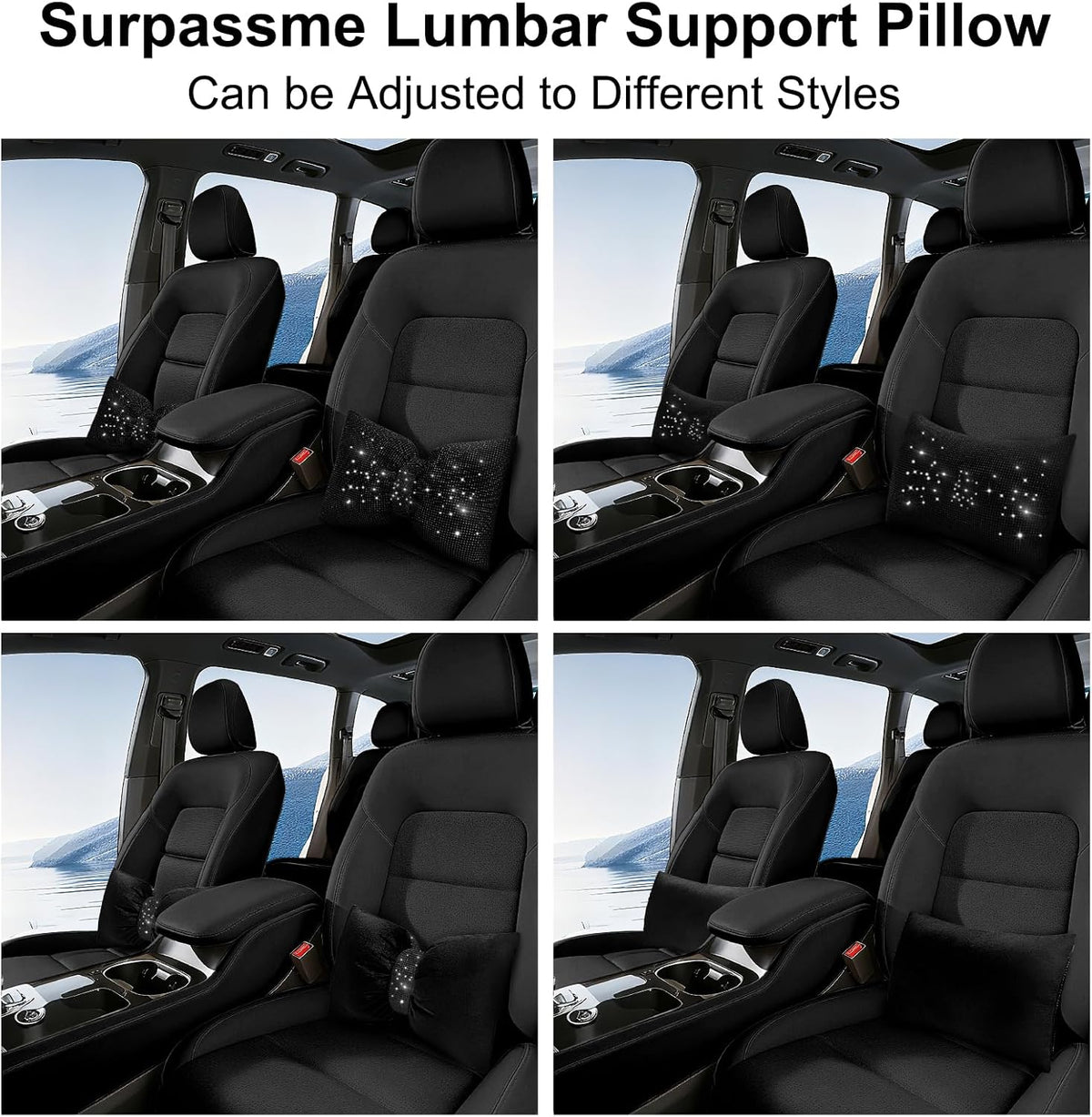 surpassme Rhinestone Lumbar Support Pillow for Car, Bling Back Support Pillow/Cushion Car Accessories for Women(Black)