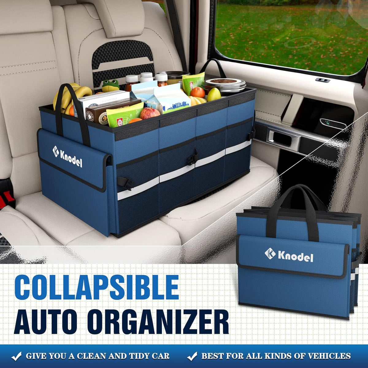 K KNODEL Trunk Organizer with Lid for Car, SUV, and Truck (Medium, Blue) | Collapsible Car Storage Organizer, Car Organizers and Storage for Sedan, Cargo Organizer, Car Bin, Basket,Bag, Organization