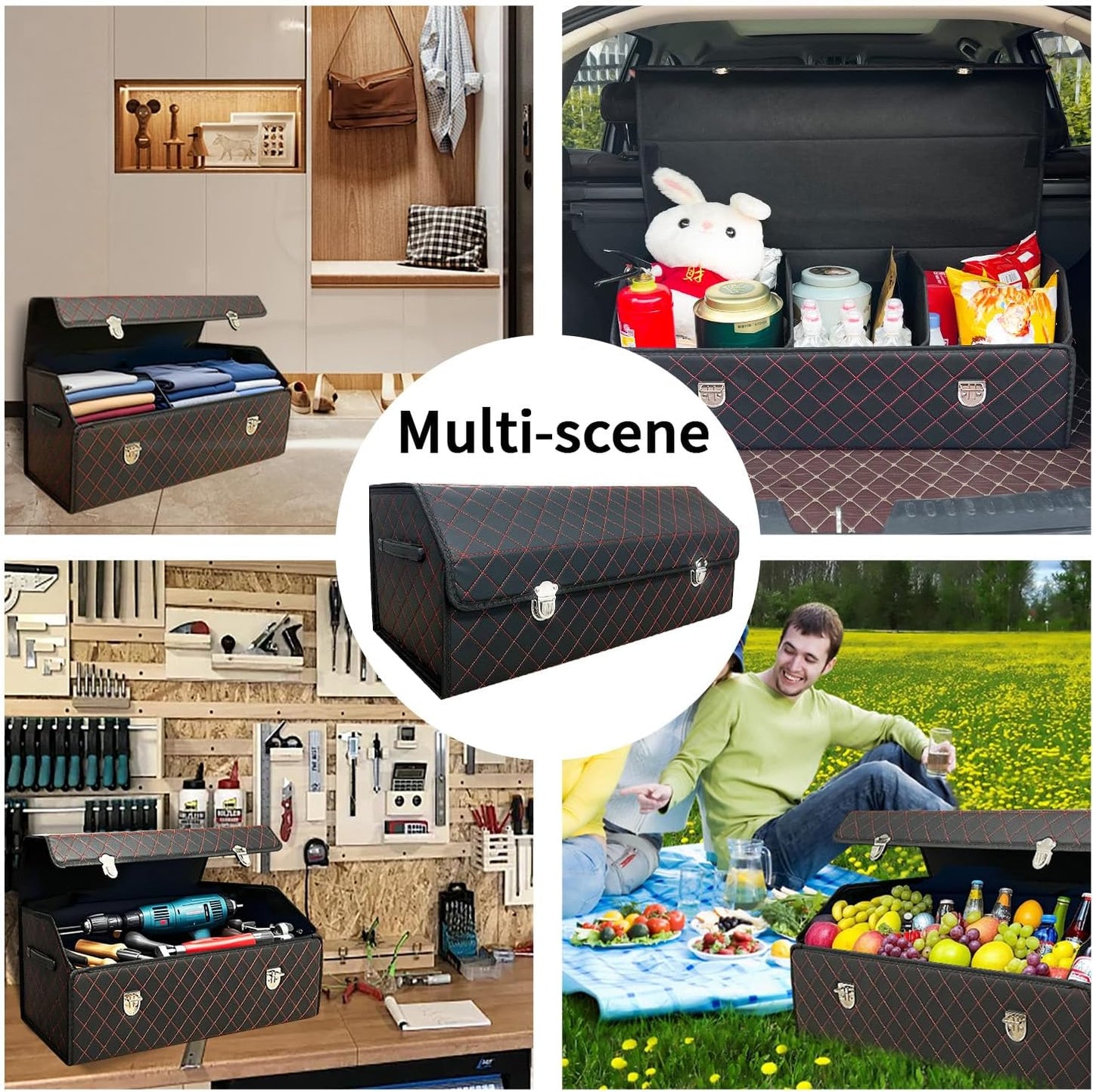 Car Trunk Organizer with Lid,Foldable Faux Leather Cargo Storage Box,3 Compartments,Collapsible Multi-Functional for SUV,Sedan,Vehicle Trunk