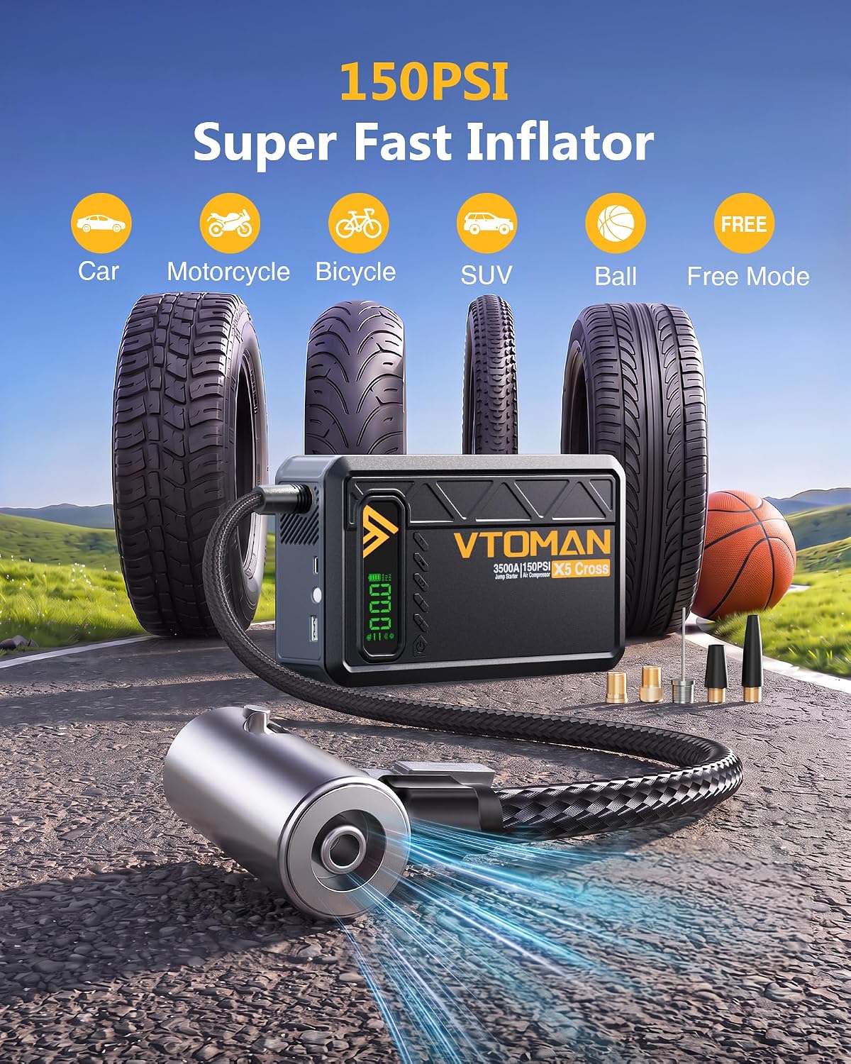 VTOMAN X5 Cross 3500A Jump Starter with Air Compressor, Car Battery Jumper