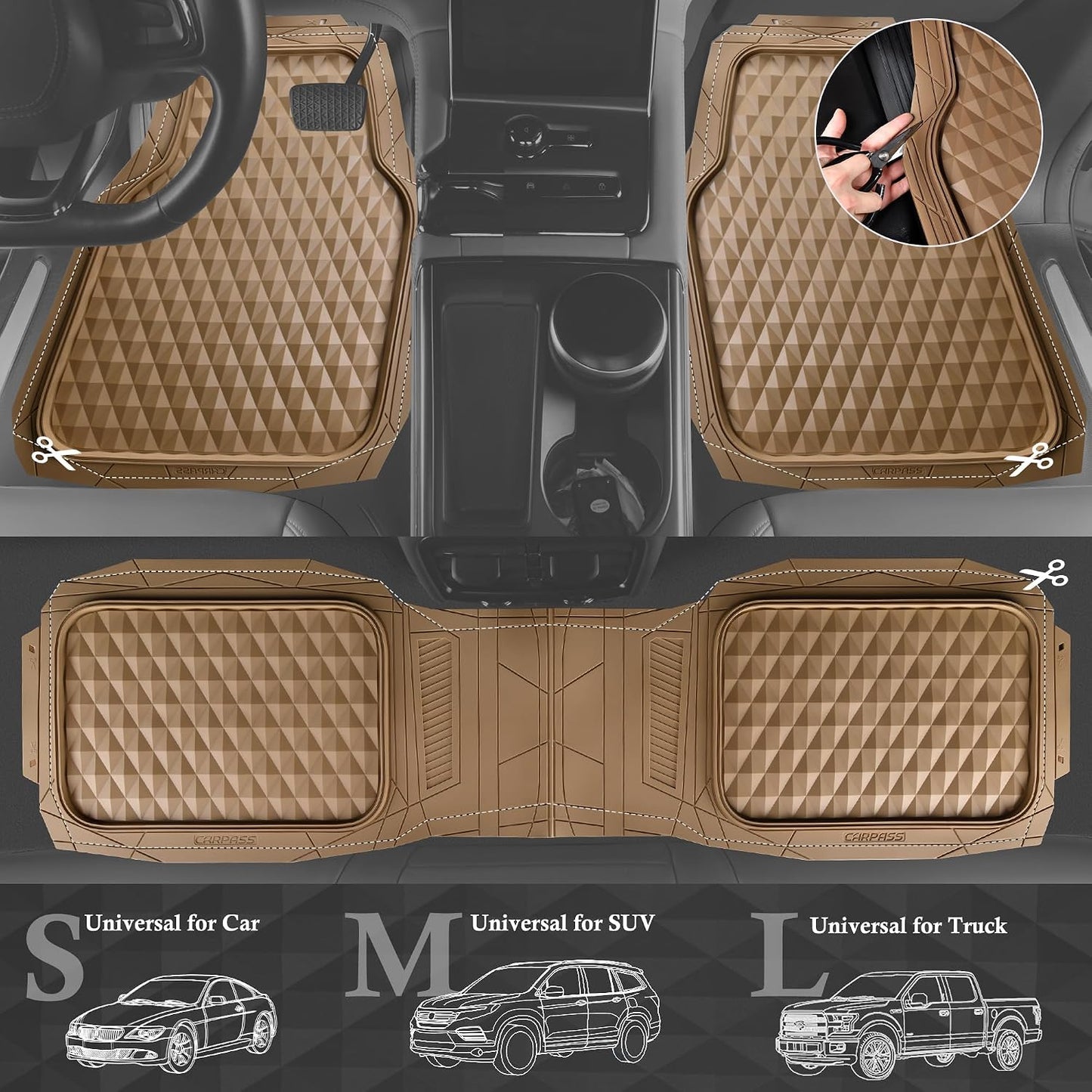 CAR PASS Heavy Duty Rubber Beige Car Floor Mats & Cargo Liners, Deep Dish All-Weather Trunk Mats Durable Anti-Slip 3D Rhombus Waterproof Trim to Fit Liner Universal Fit Auto,Sedan,SUV,Truck, Beige