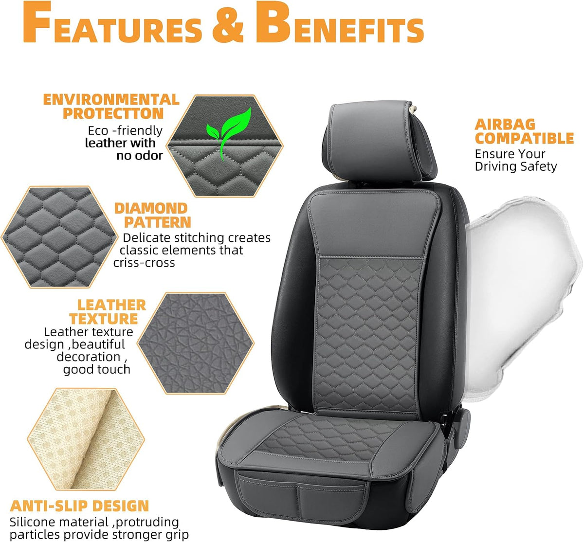 Elantrip Leather Car Seat Covers Front 2PC Waterproof Universal Fit Gray
