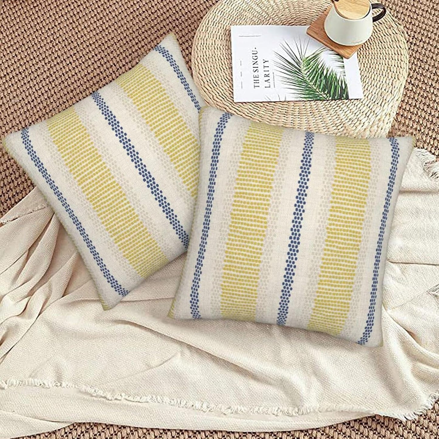 Blue Yellow Pillow Covers 18 x 18 Inch Set of 2 Boho Polka Dot Striped Decorative Outdoor Throw Pillow Covers Linen Summer Farmhouse Modern Pillowcase for Home Sofa Couch Decor
