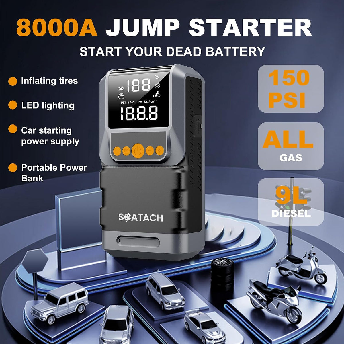 Jump Starter with Air Compressor, 8000A 150PSI Car Battery Jump Starter