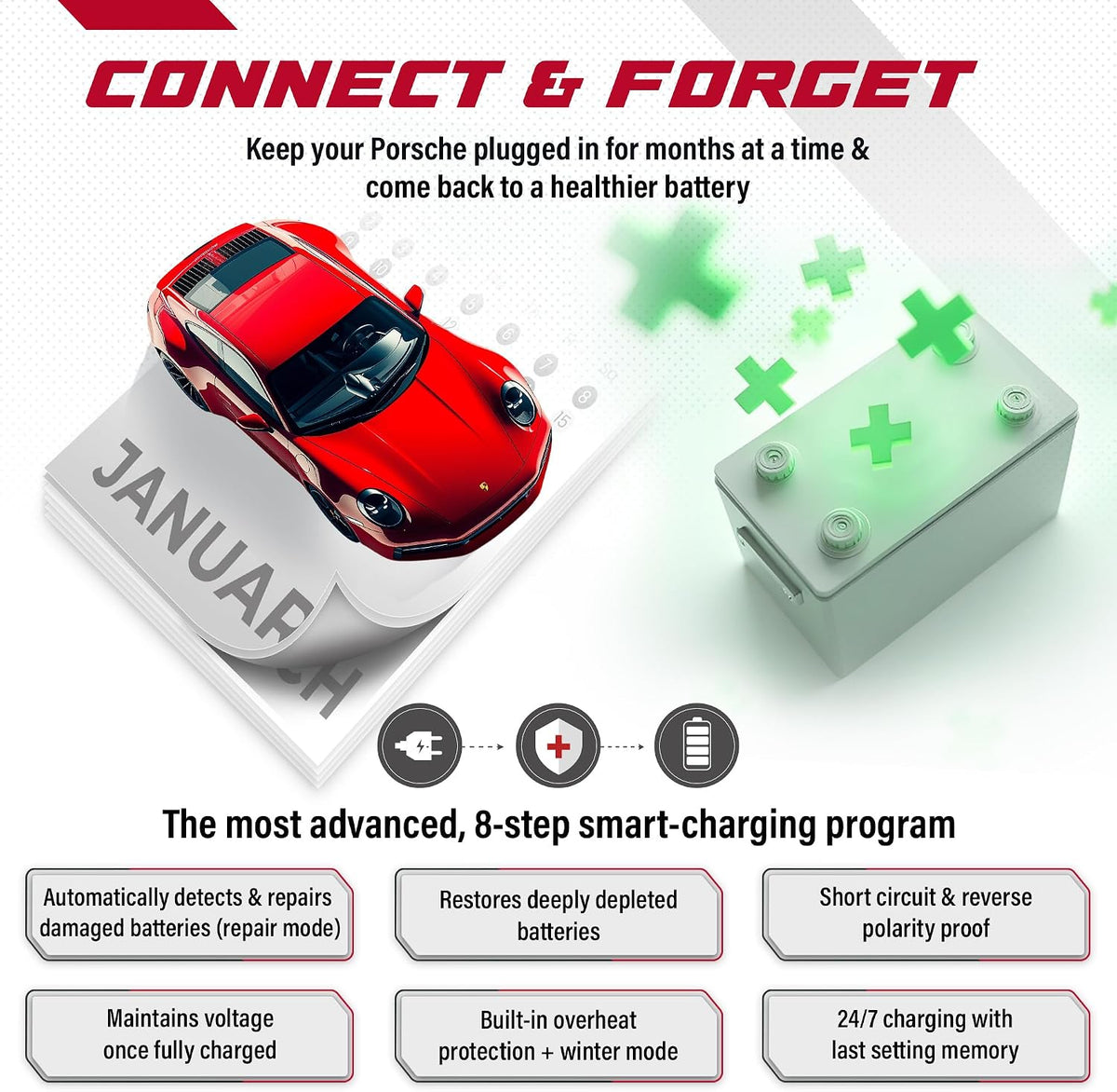 JMR 12V Battery Charger for Porsche, 12V Cig. Port, No Lithium Mode
