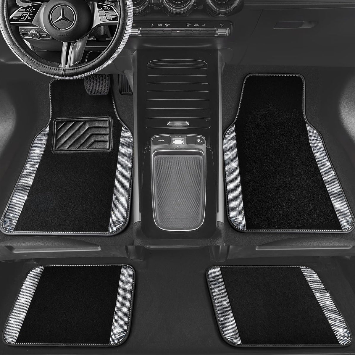 CAR PASS Bling Diamond Leather Steering Wheel Cover 14.5in-15in Floor Mats Shining Rhinestone Carpet Sparkly Glitter Crystal Anti-Slip Pad Fit Automotive SUV Pickup Truck Girl Women, 5pcs Black Sliver