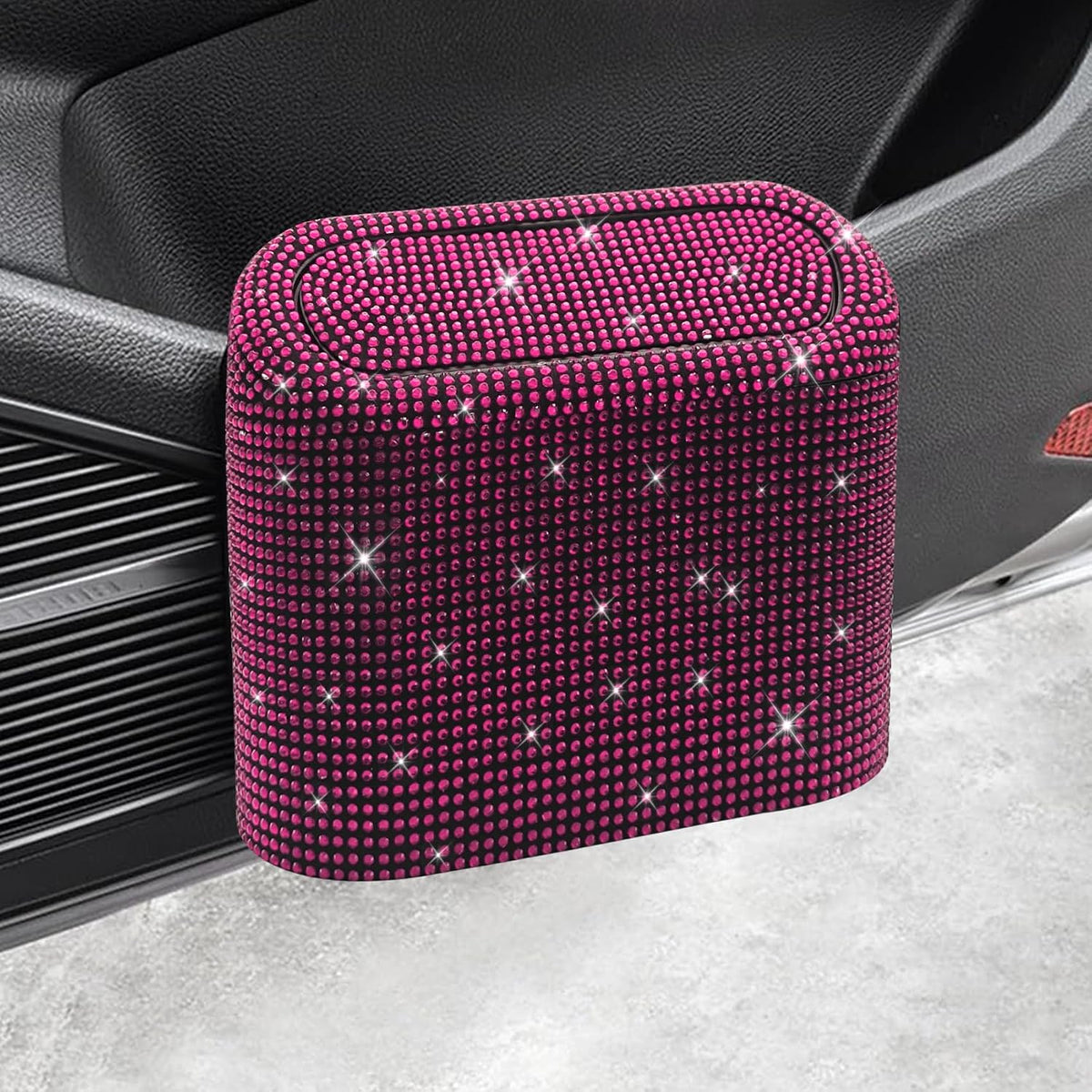 Bling Car Trash Can with Lid, Sparkly Rhinestone Auto Hanging Dustbin, Leakproof Plastic Auto Flip-Top Trash Bin, Bling Litter Container Organizer Box for Car, Home, Office and More (Pink)