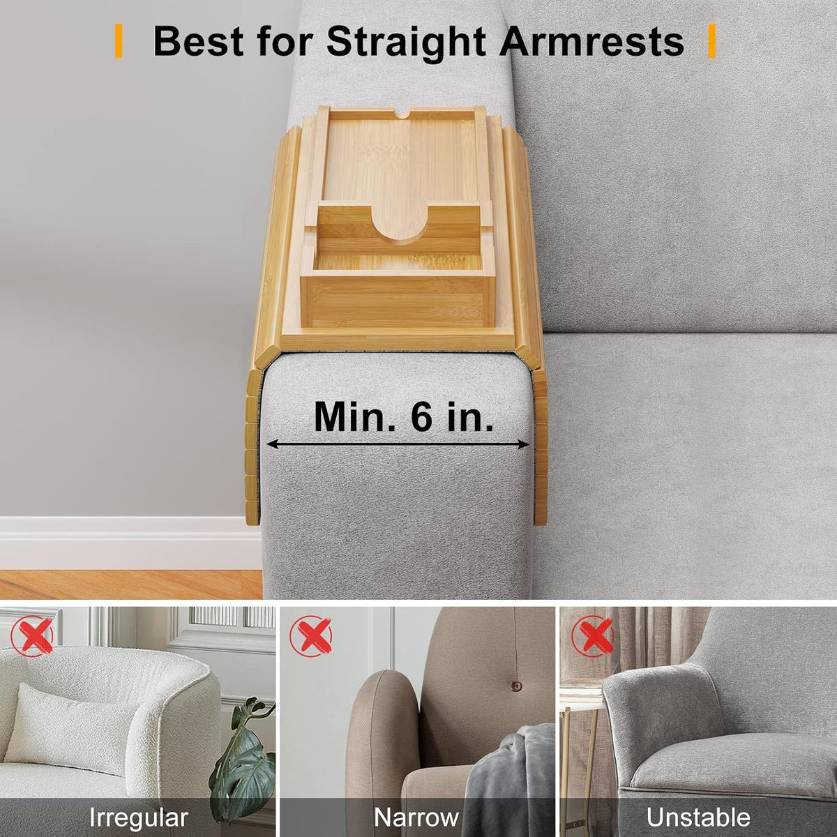 Bestjing Bamboo Couch Armrest Table with Cup Holder Tray