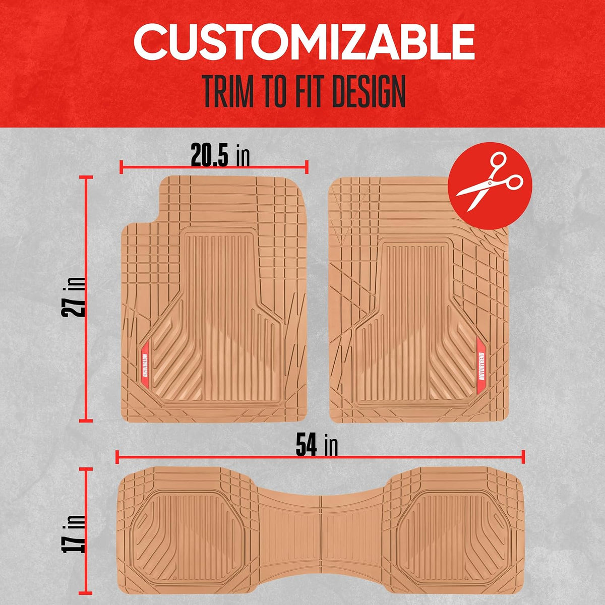 Motor Trend AdventureMax Car Floor Mats Full Set - Durable Rubber Floor Mats for Cars with Debris Capture Grooves, All Weather Interior Protection for Front and Rear with Non-Slip Backing, Beige