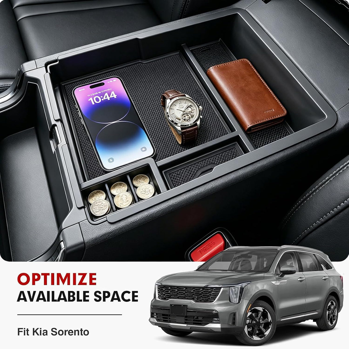Autorder Center Console Organizer for Kia Sorento 2021-2026 Accessories Armrest Storage Box Secondary Insert Tray with 2 Color Mats