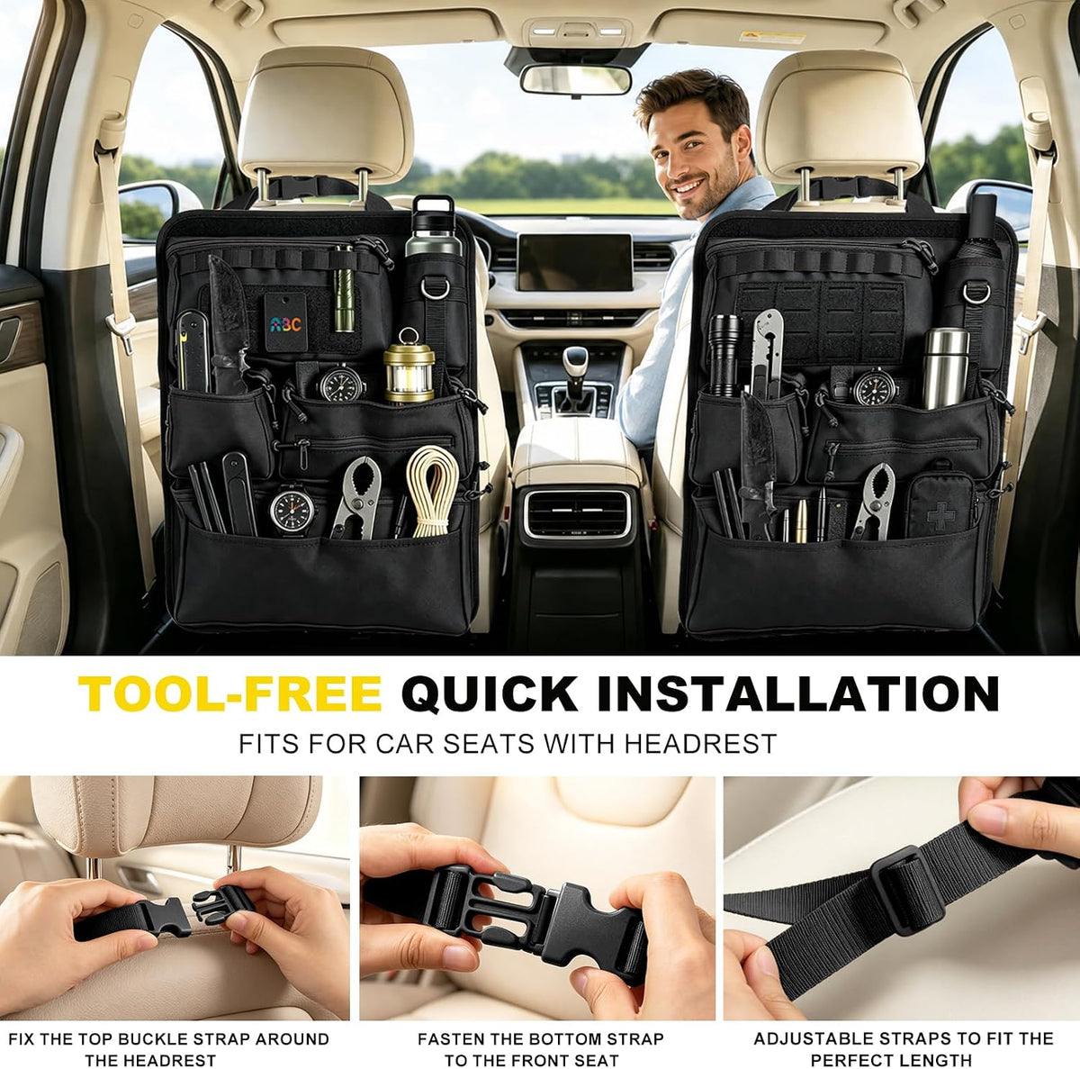 Universal Car Seat Back Organizer with 7 Storage Pockets, Black
