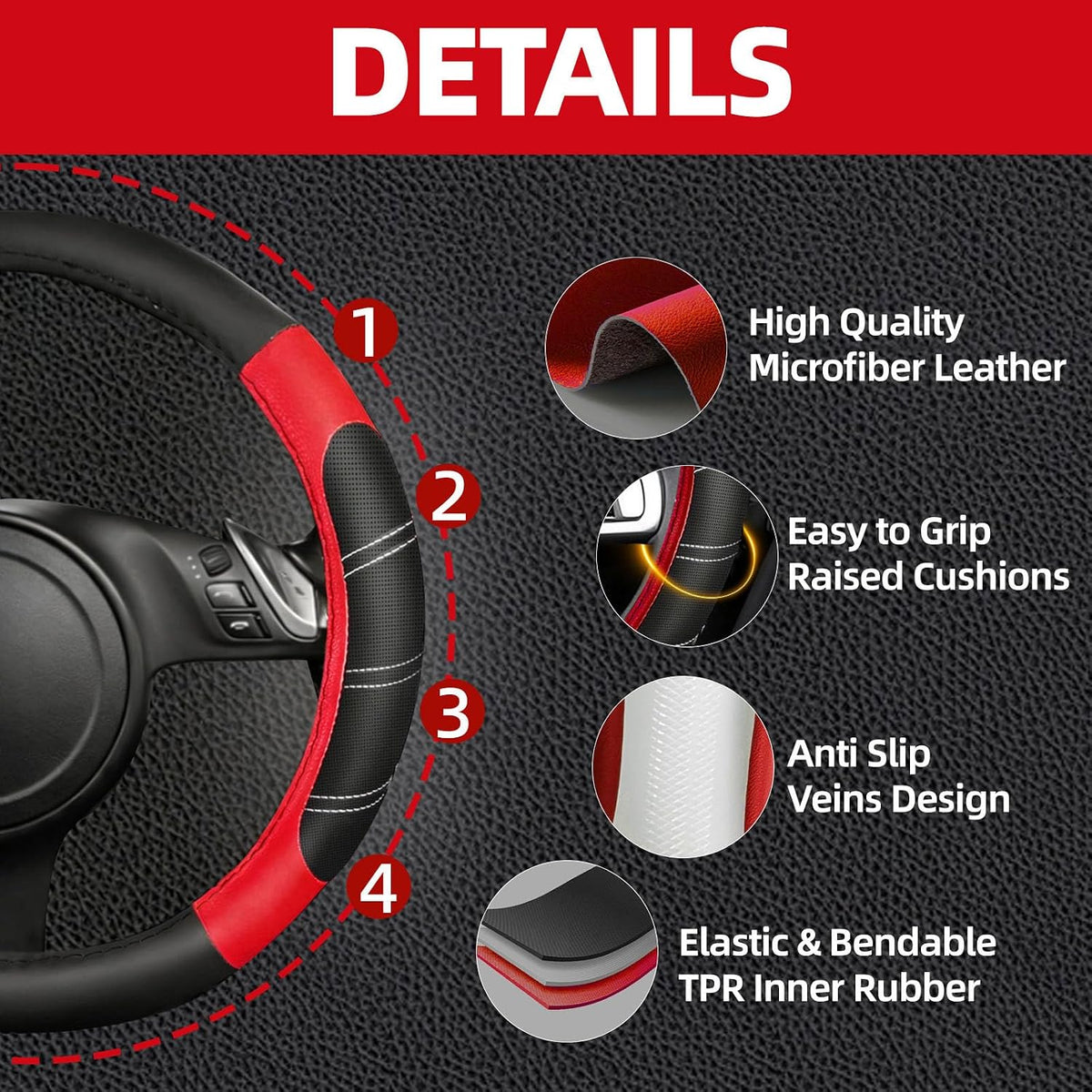 NBTEPEM 6 Pcs Red Steering Wheel Cover Set, Sport Microfiber Leather Steering Wheel Cover 14.5-15inch Universal, Car Center Console Cover, Seat Belt Cushion, Cup Coasters, Red Car Accessories Set