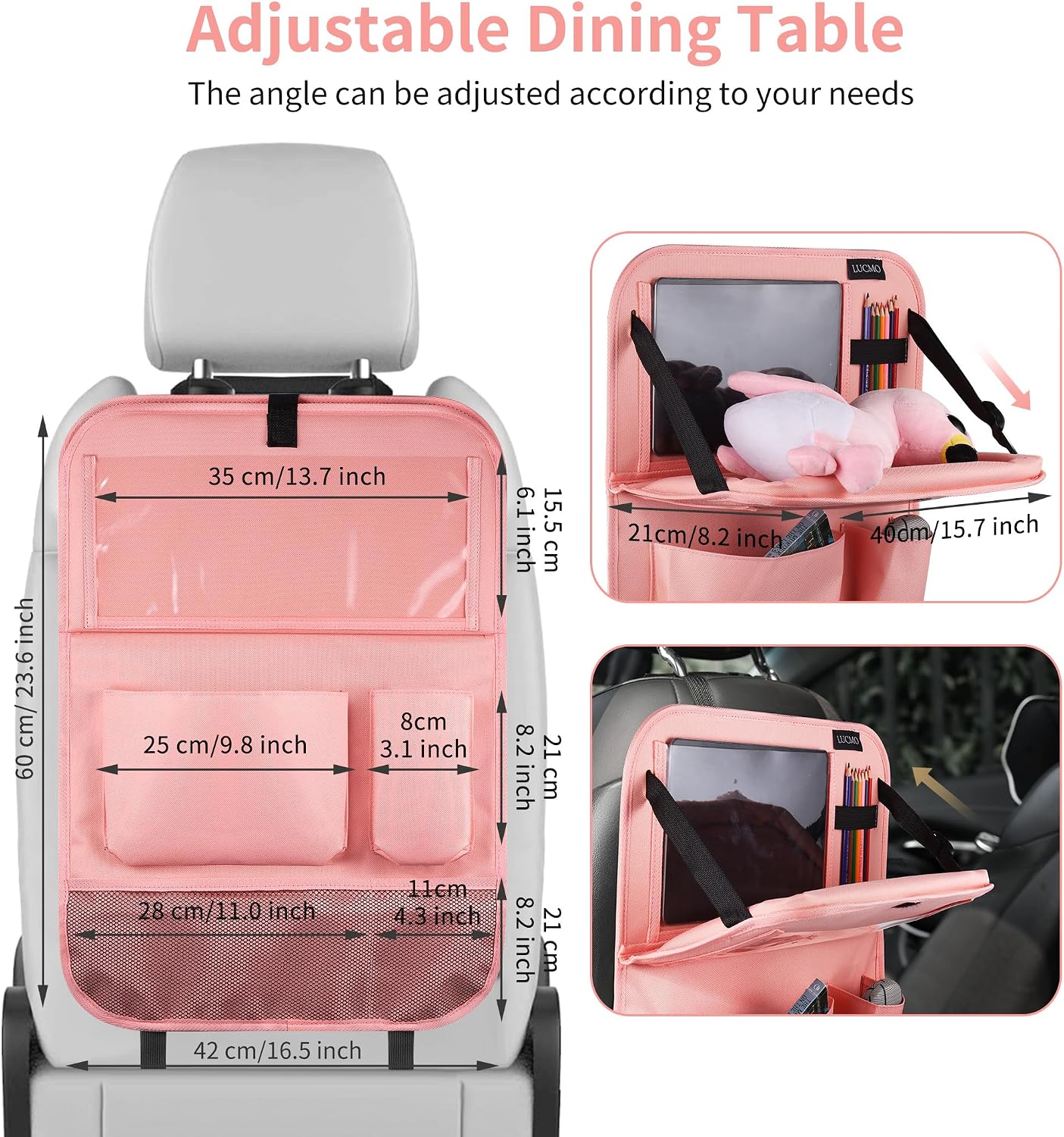 LUCMO Car Backseat Organizer with Foldable Tablet Holder, Pink | 6 Storage Pockets,Foldable Food Tray,Protectors Kick Mats,Travel Accessories,Seat Cover,Road Trip Essentials