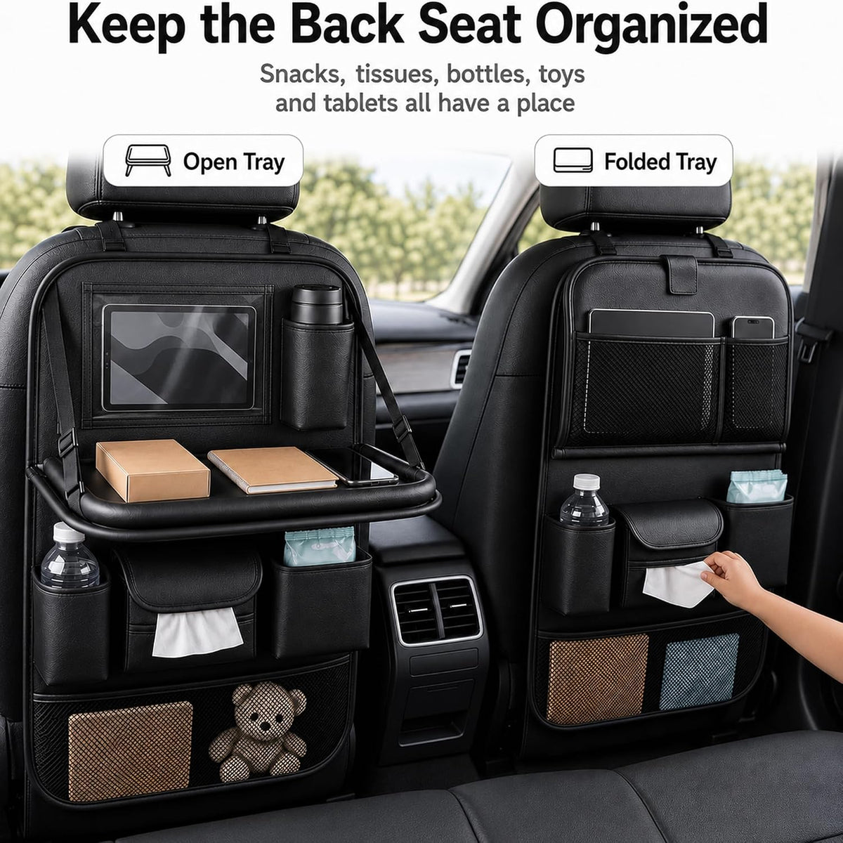 Backseat Car Organizer with Tray, Car Seat Back Organizer, 1 Pack