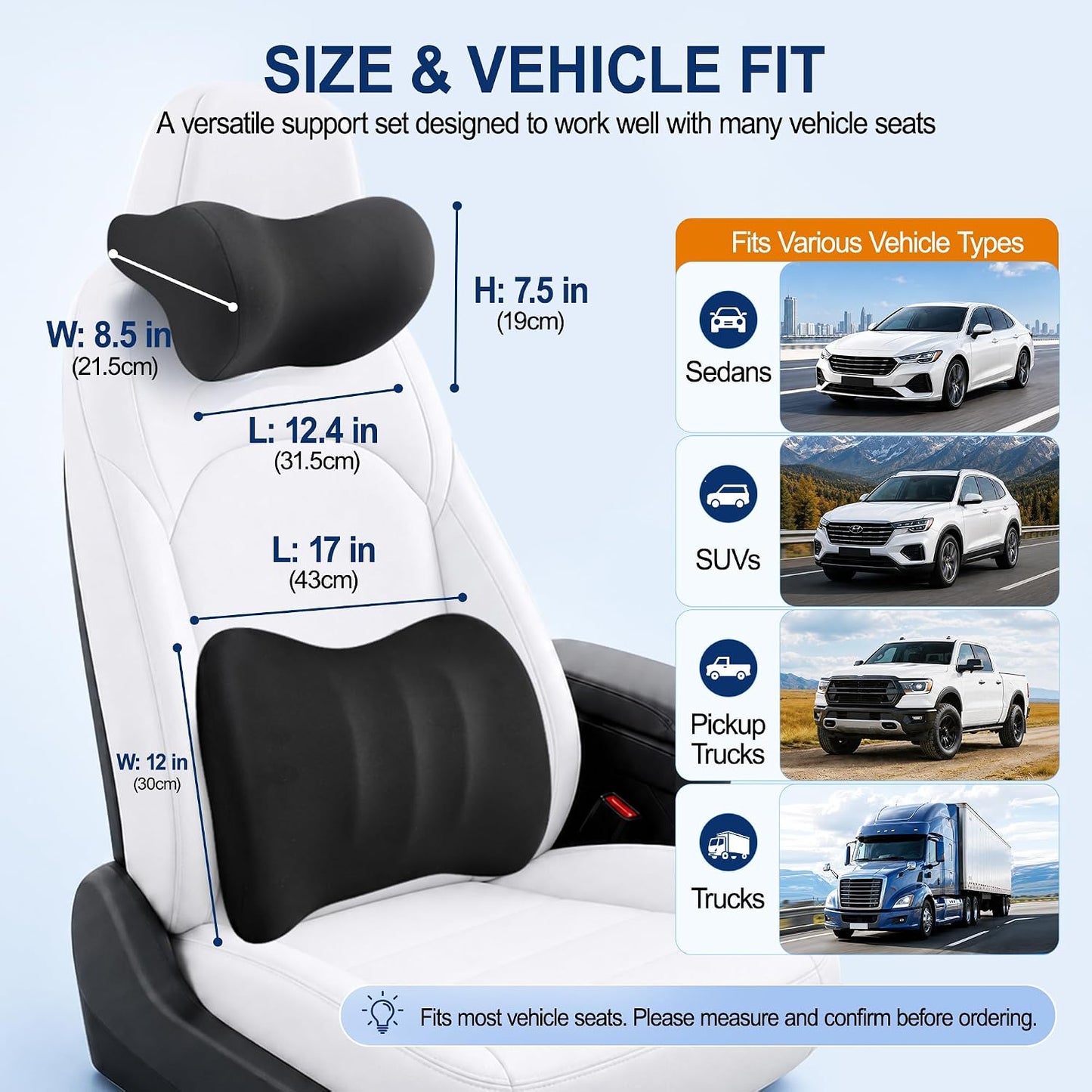 Allaboutsla Lumbar Back Support Pillow for Car, Neck Headrest Pillow Set | Memory Foam Car Neck Support for Driving with Car Back Support, Adjustable Straps, Head Rest Pillow for Cars, Trucks, Black