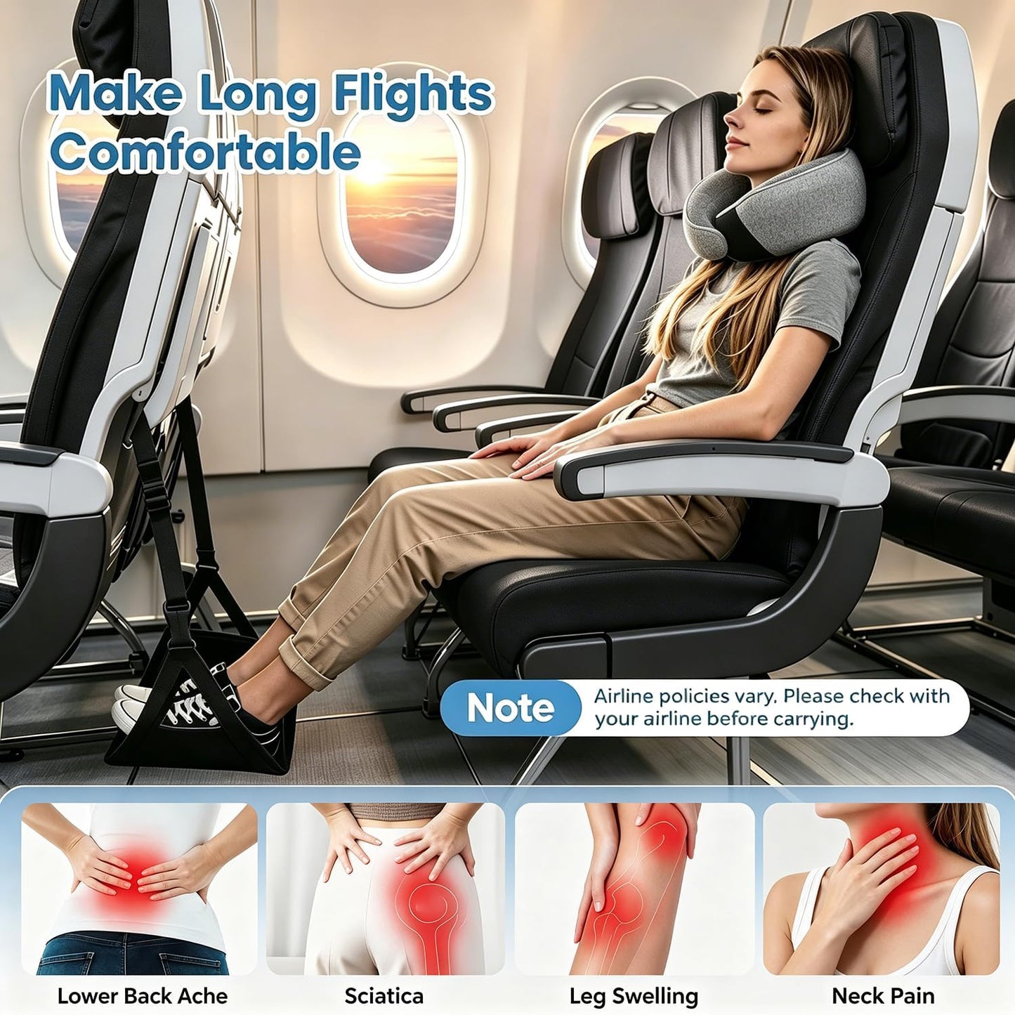 Ergonomic Airplane Pillow and Airplane Foot Hammock, Ultra Portable Neck Pillow with 360° Head Support, Portable Travel Foot Rest with Adjustable Strap, Includes Eye Mask & Ear Plugs, for Flight, Car