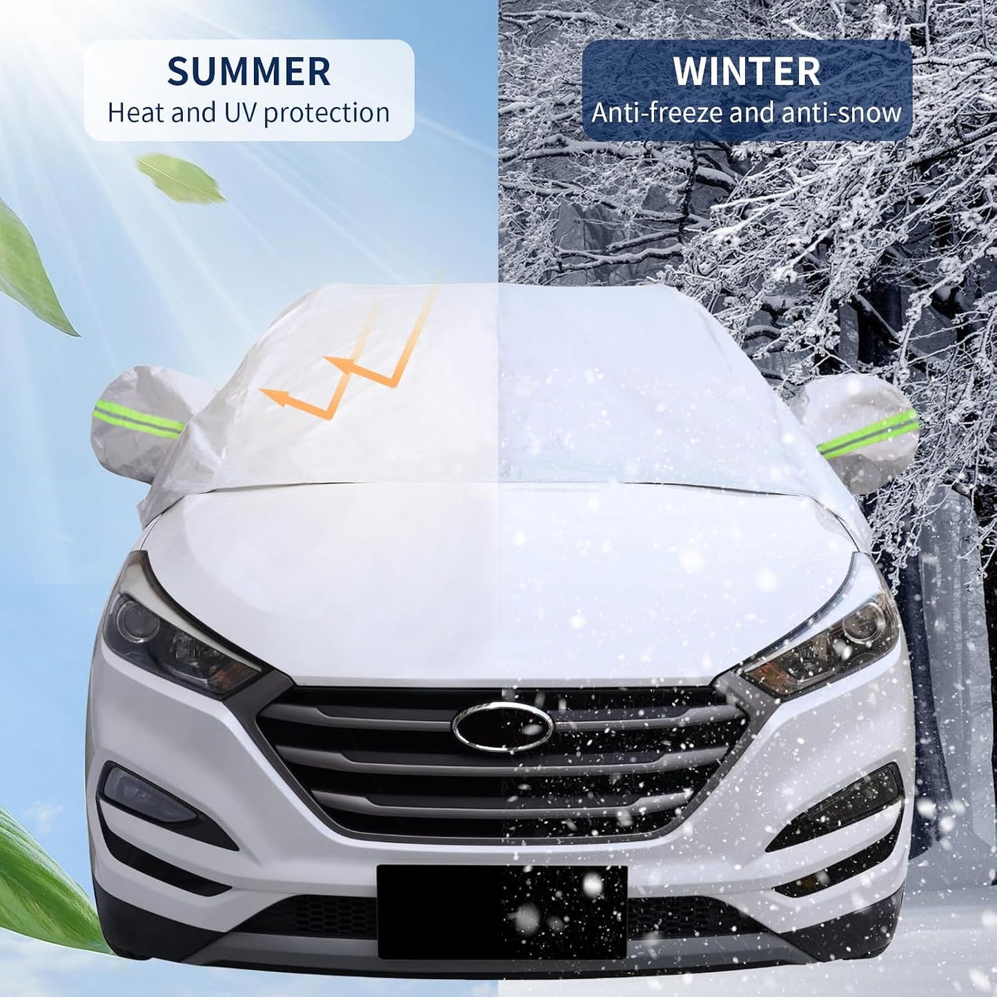 Hrozny Half Car Cover, Car Windshield Cover for Ice and Snow with Reflective Straps, Car Snow Cover Universal Fit for Most Cars (SUV)