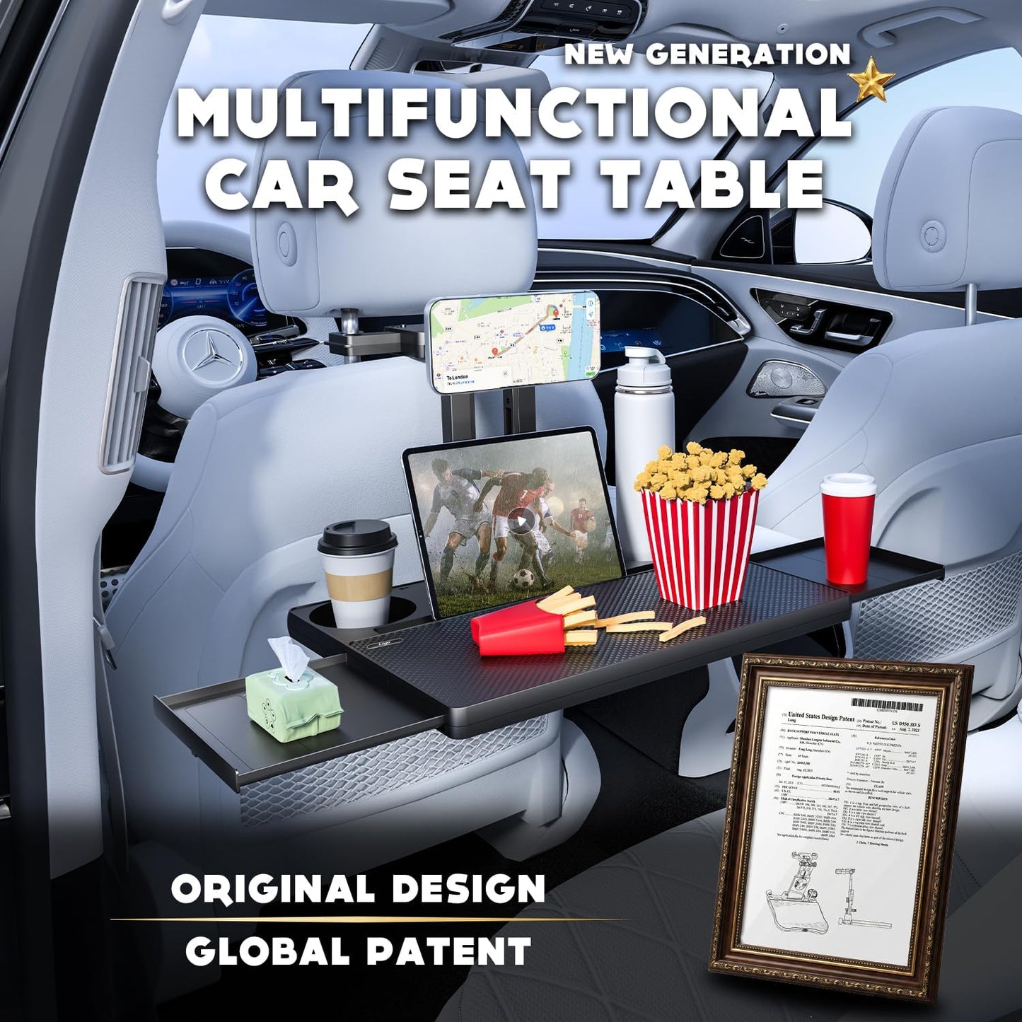 Car Back Seat Tray Table, Stable Foldable Auto Backseat Food Trays Desk for Rear Passenger Road Trip Eating & Work, Multifunctional Adjustable Travel Tray with Phone Drink Holder for Laptop iPad