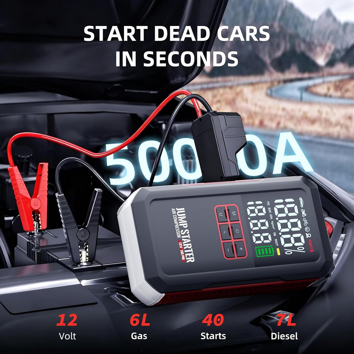5000A Car Battery Jump Starter with Air Compressor 160PSI, Battery Jumper Starter Portable 7.0L Gas/6.0L Diesel, Jumper Cables, Car Battery Charger with Power Bank & Light, Roadside Emergency Kit