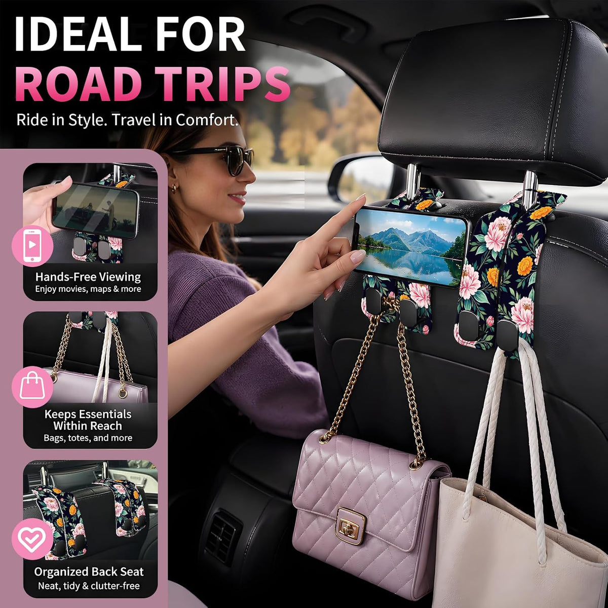 Car Seat Back Storage Hook, Funny Car Purse Hook, Cute Vehicle Storage Organizer for Purses Handbags Pink Orange Flower