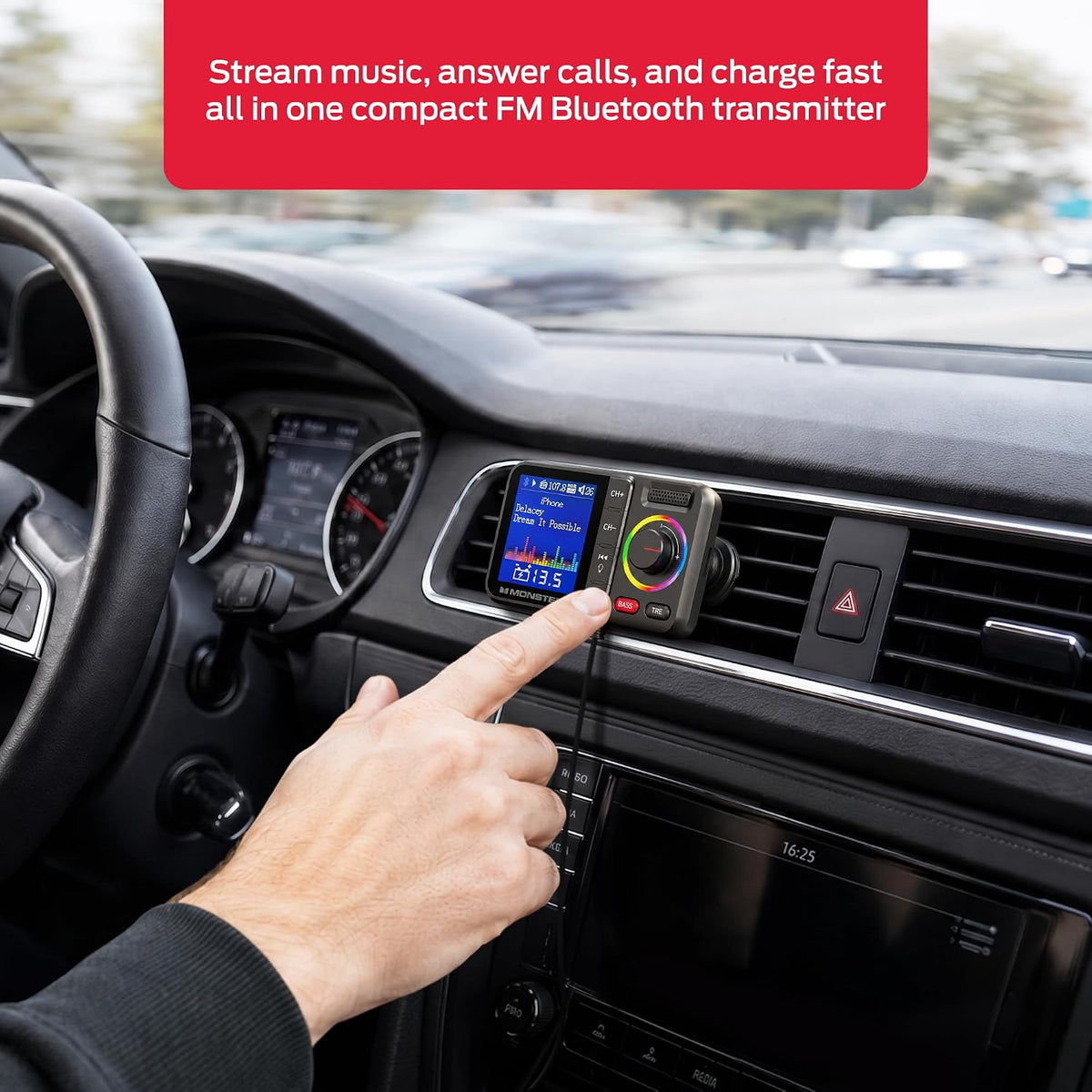 Monster 48W Bluetooth FM Transmitter for Car, Bluetooth Car Adapter with Dual Fast Charger (PD 30W USB-C + QC3.0 USB-A), Car Battery Voltage Display, Hands-Free Calls, Vent Mount, Black