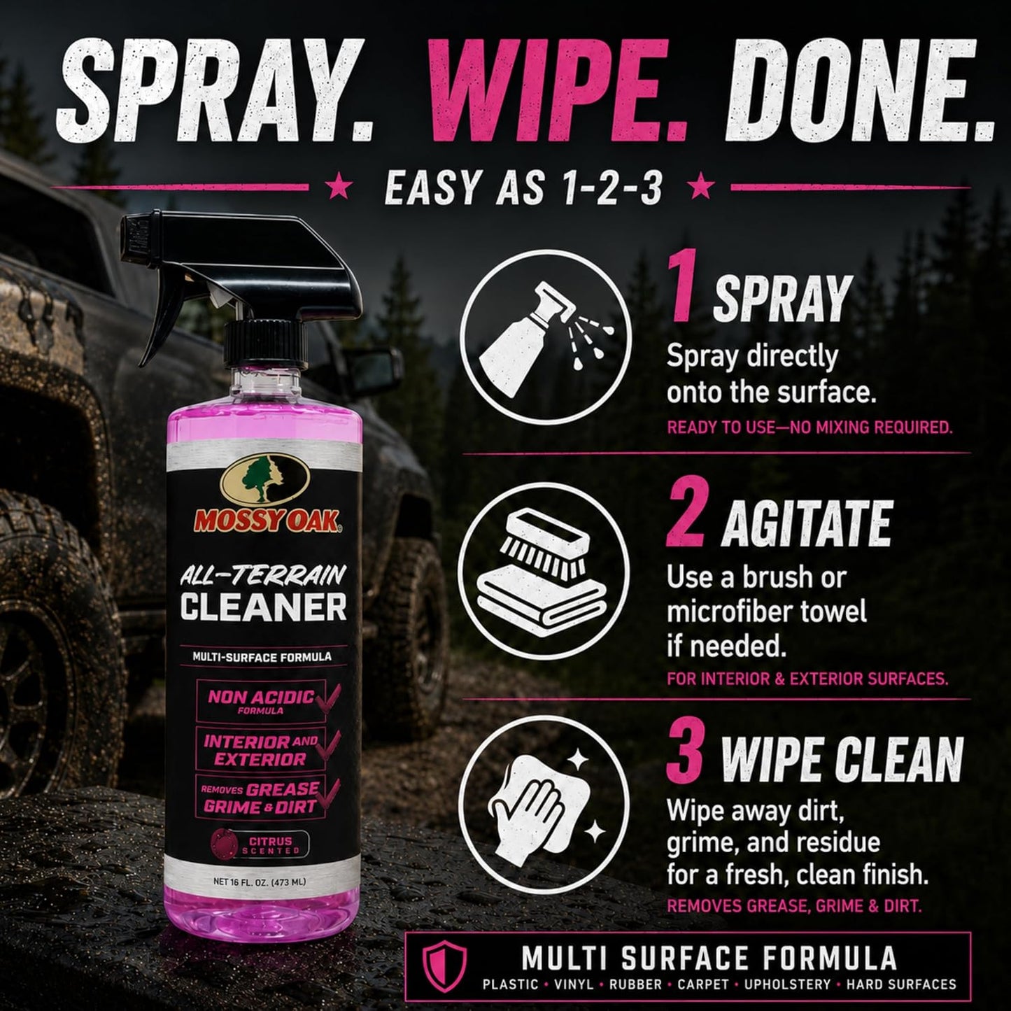 Mossy Oak All-Terrain Cleaner, All-Purpose Interior and Exterior Spray for Trucks SUVs Cars Jeeps UTVs & ATVs, Cleans Plastic Vinyl Rubber Carpet Upholstery & Hard Surfaces, Made in USA, 16 oz