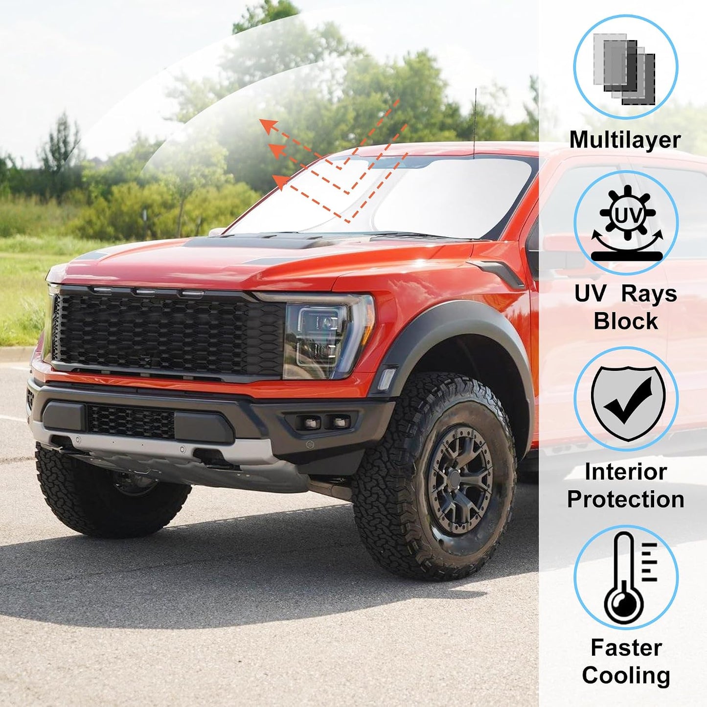 Windshield Sun Shade Compatible with 2015-2021 2022 2023 2024 2025 2026 Ford F150 F-150 (Lariat, King Ranch, Platinum, XL XLT Limited Raptor) Accessories Sunshade Shield Protector
