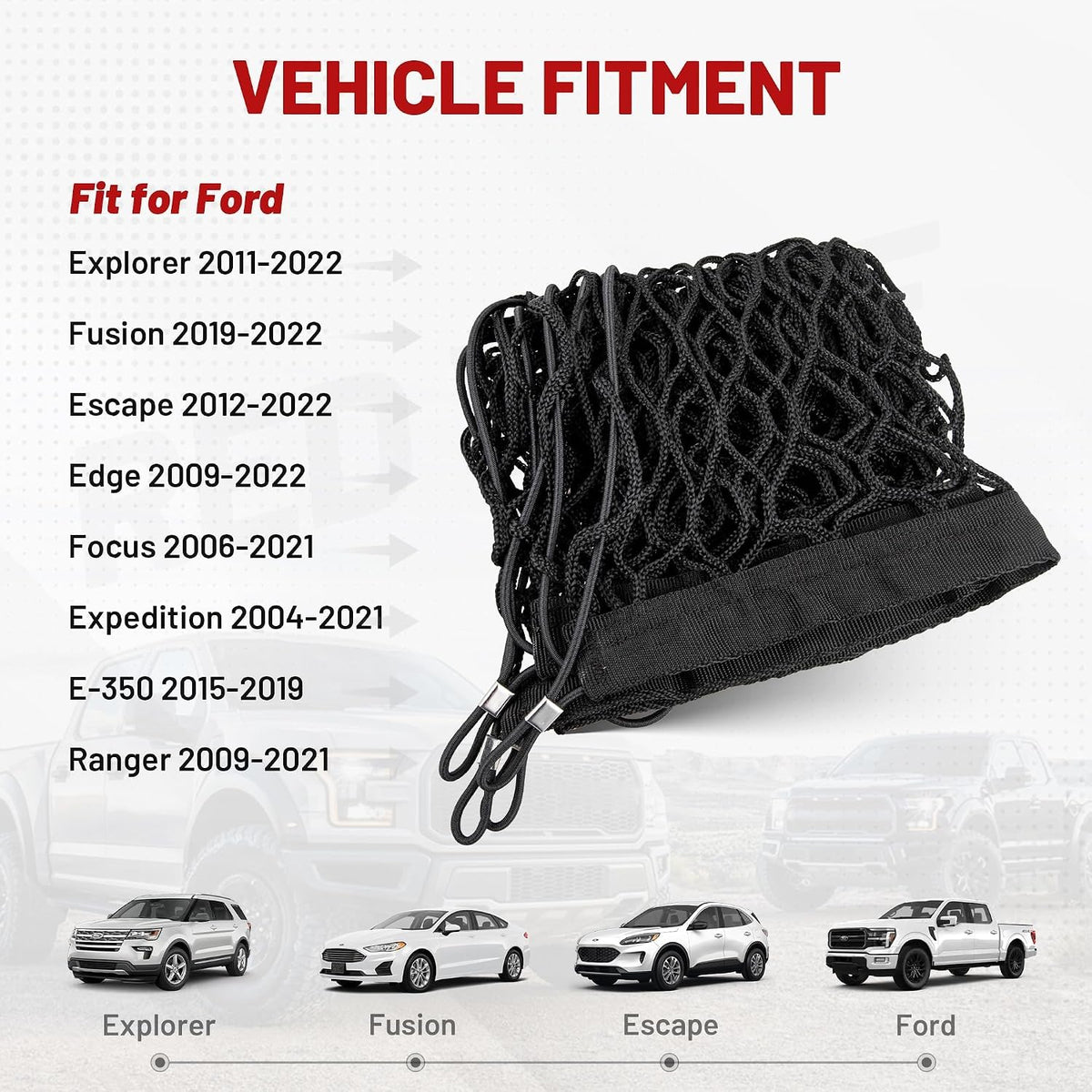 RED WOLF Envelope Style Cargo Net for 2006-2022 Ford Focus Escape Explorer Expedition Ranger Trunk Bed Grocery Net Elastic Mesh Organizer SUV Rear Tailgate Netting 43.3" x 15.7"