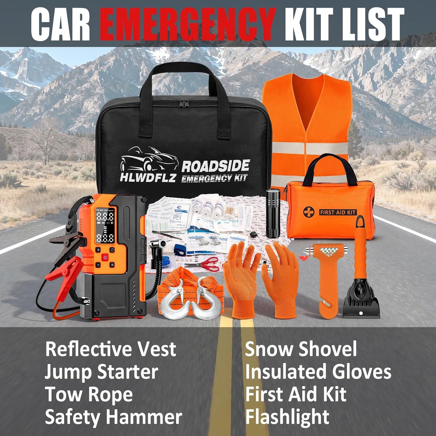 Car Roadside Emergency Kit, Jump Starter with Air Compressor, First Aid Kit, Tow Rope, Roadside Safety Emergency Tool Kit for Women, Men, Teen (Orange)