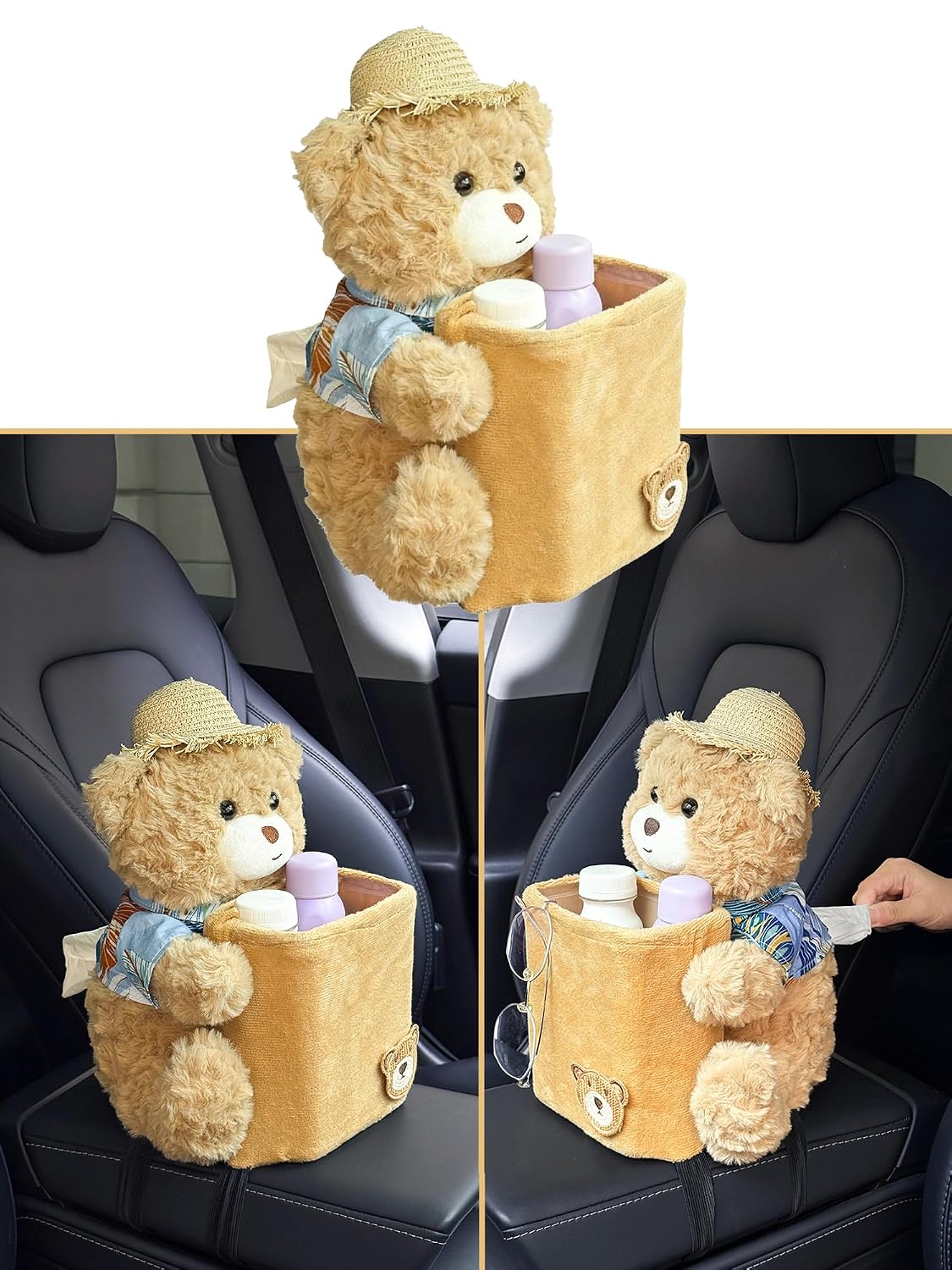 Car Cute 2 in 1 Trash Can with Tissue Holder Box Seat Back Bag Hanging over the Seat Organizer Plush Cartoon Animal Storage Garbage,Brown