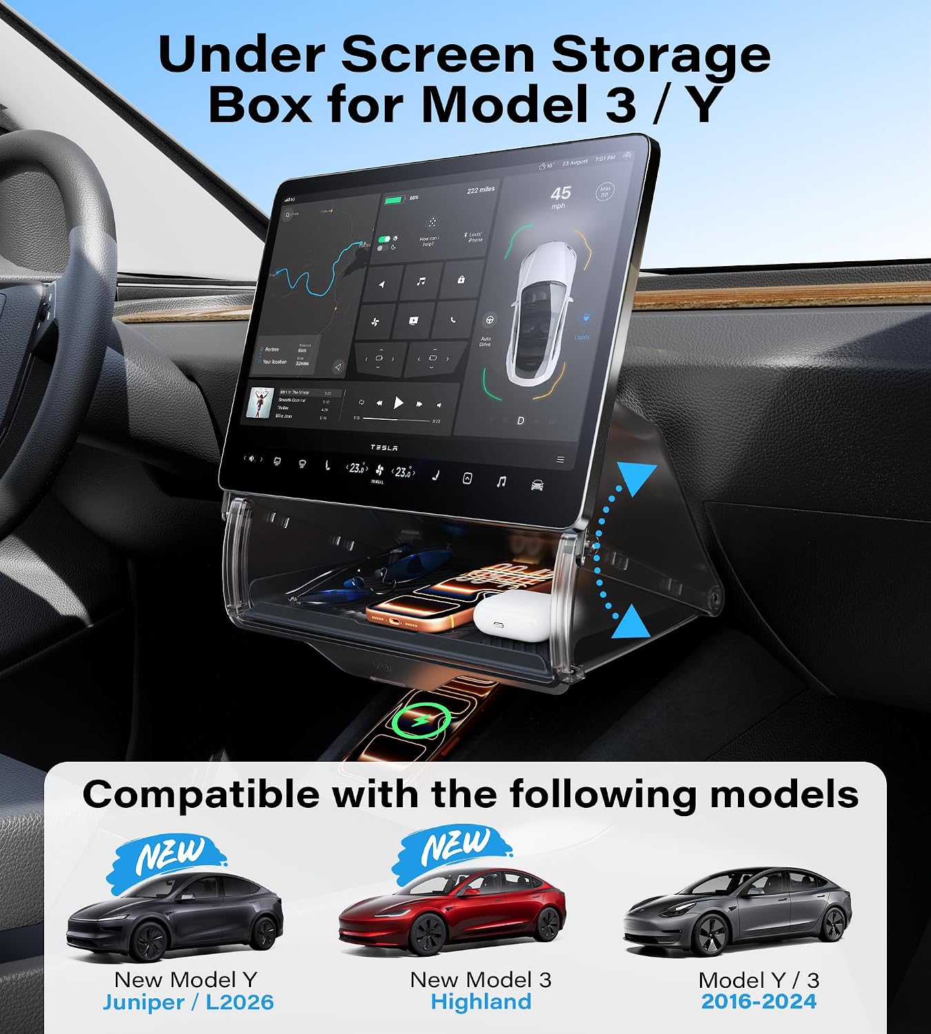 TAZENI Under Screen Storage Box Fit Model Y Juniper Model 3 Highland, Magnetic Hidden Privacy Storage for Model Y 3 Accessories, Center Console Organizer for Model Y 2019~2026 & Model 3 2016-2026