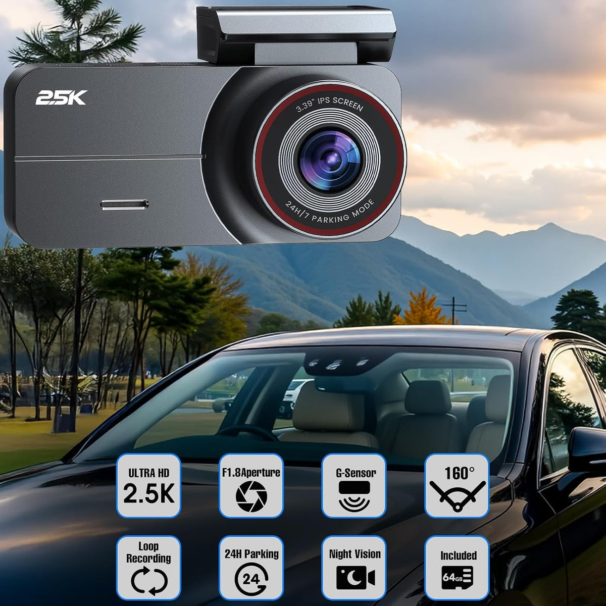 Dash Cam 2.5K Front Rear 64GB WiFi GPS 160° Night Vision