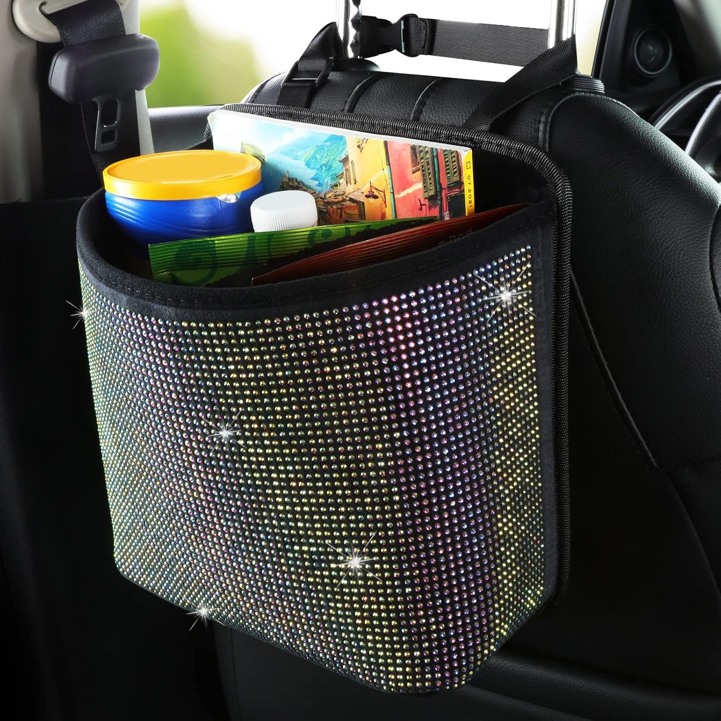Cavalcade Car Back Seat Organizer, Bling Hanging Pocket, Large Seat Back Travel Caddy Bag, Diamond Trash Bin Garbage Container (Multicolor)