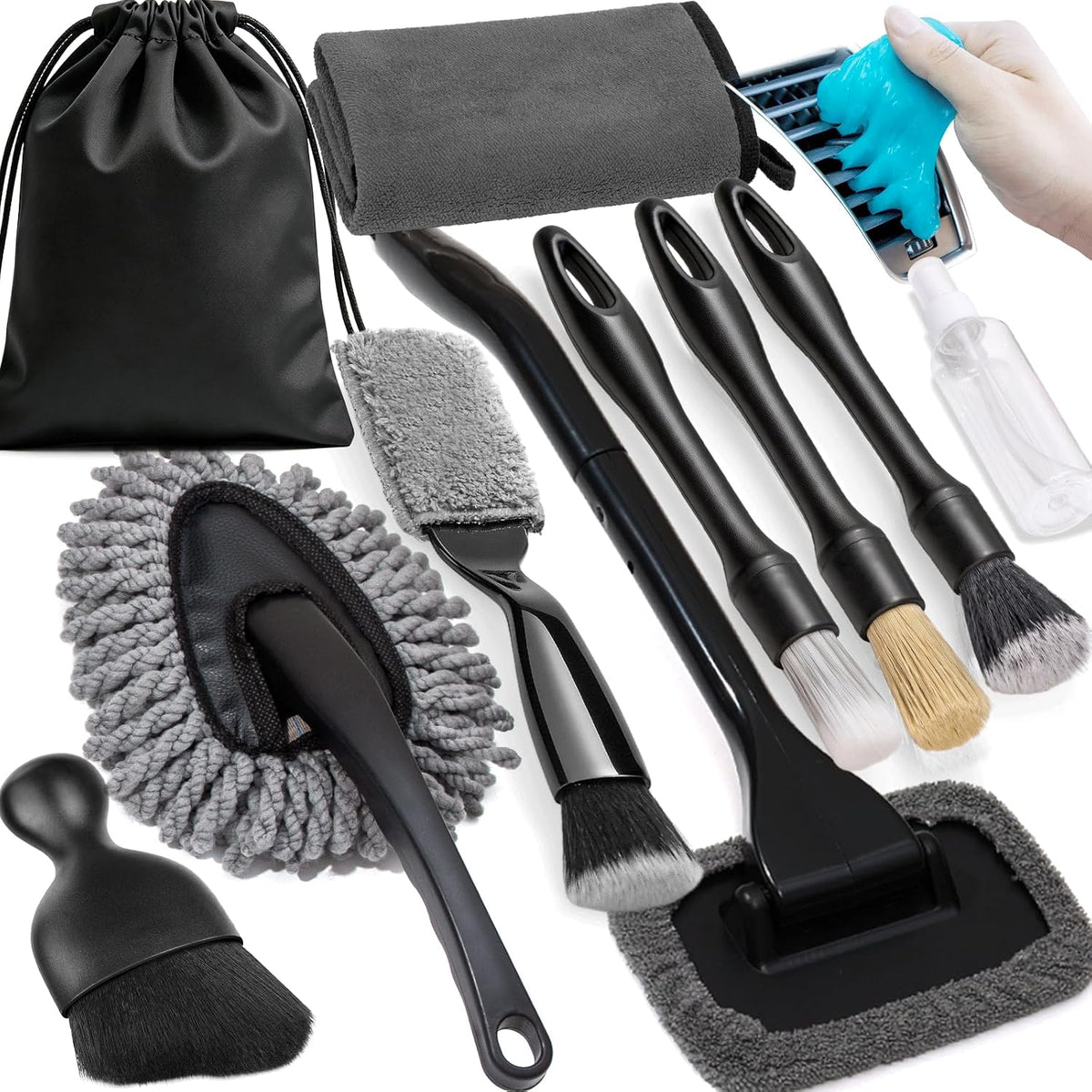 Car Interior Cleaning Kit - Windshield Cleaner Tool, 3 Graded Boar Brushes, Double Head AC Vent Shutter Brush, Towels, Duster, Car Interior Detailing Kit for RVs, Truck, Trailer