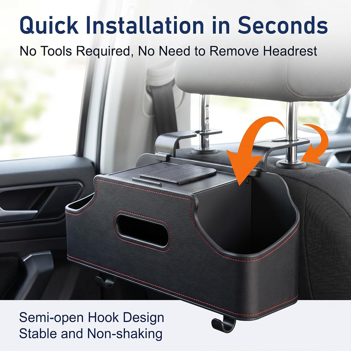 Car Seat Back Organizer, Cup Holder & Tissue Holder & Phone Stand & Dual Hooks, Multi-functional Load-bearing Storage Box for Phone Umbrella Bag, for Most Cars Trucks SUVs (Black)